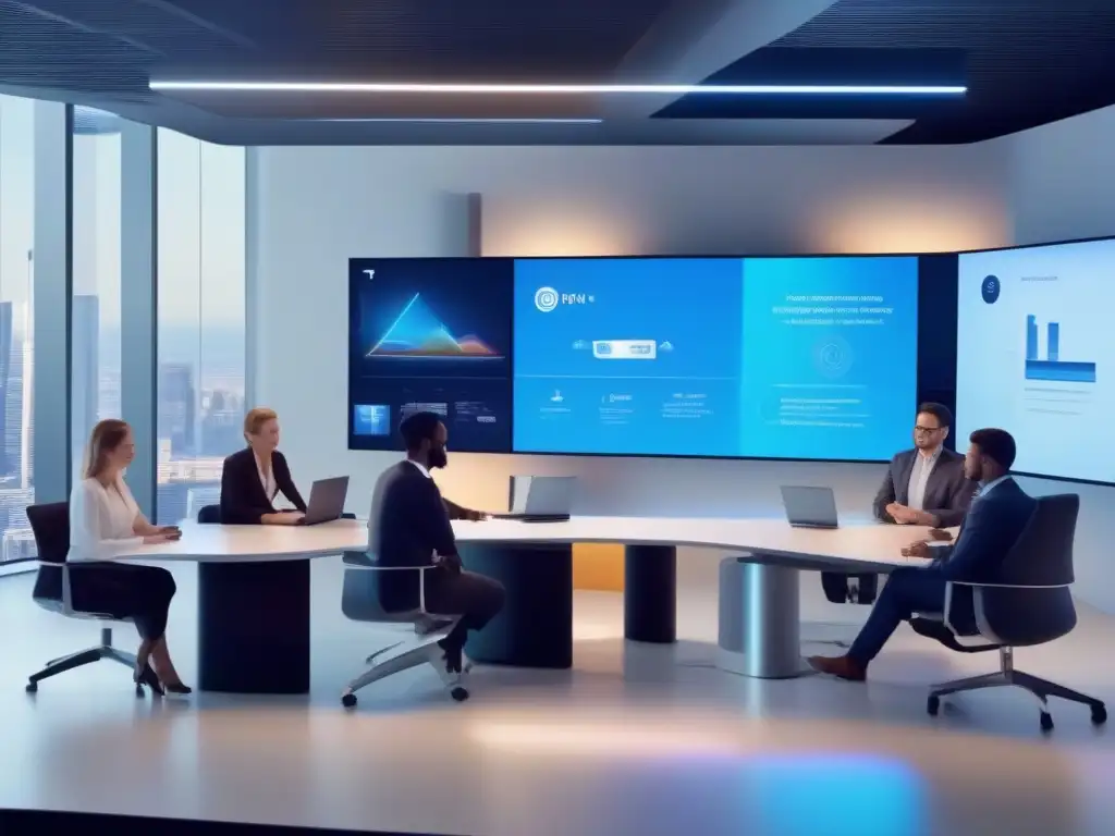 Conferencia 5G: Profesionales, Datos y IoT Futuristas Profesionales en videoconferencia hiperconectada en IoT, con tecnología futurista y análisis en tiempo real