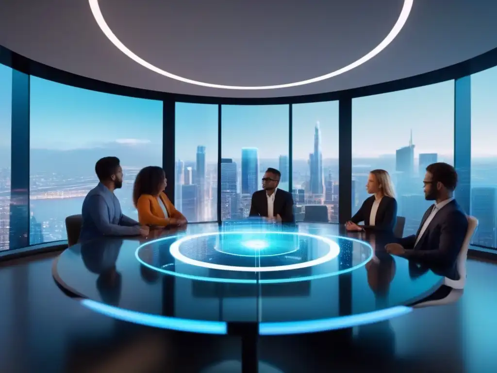 Conferencia holográfica: colaboración futurista con IA Profesionales en videoconferencia con IA holográfica, mientras colaboran y visualizan datos