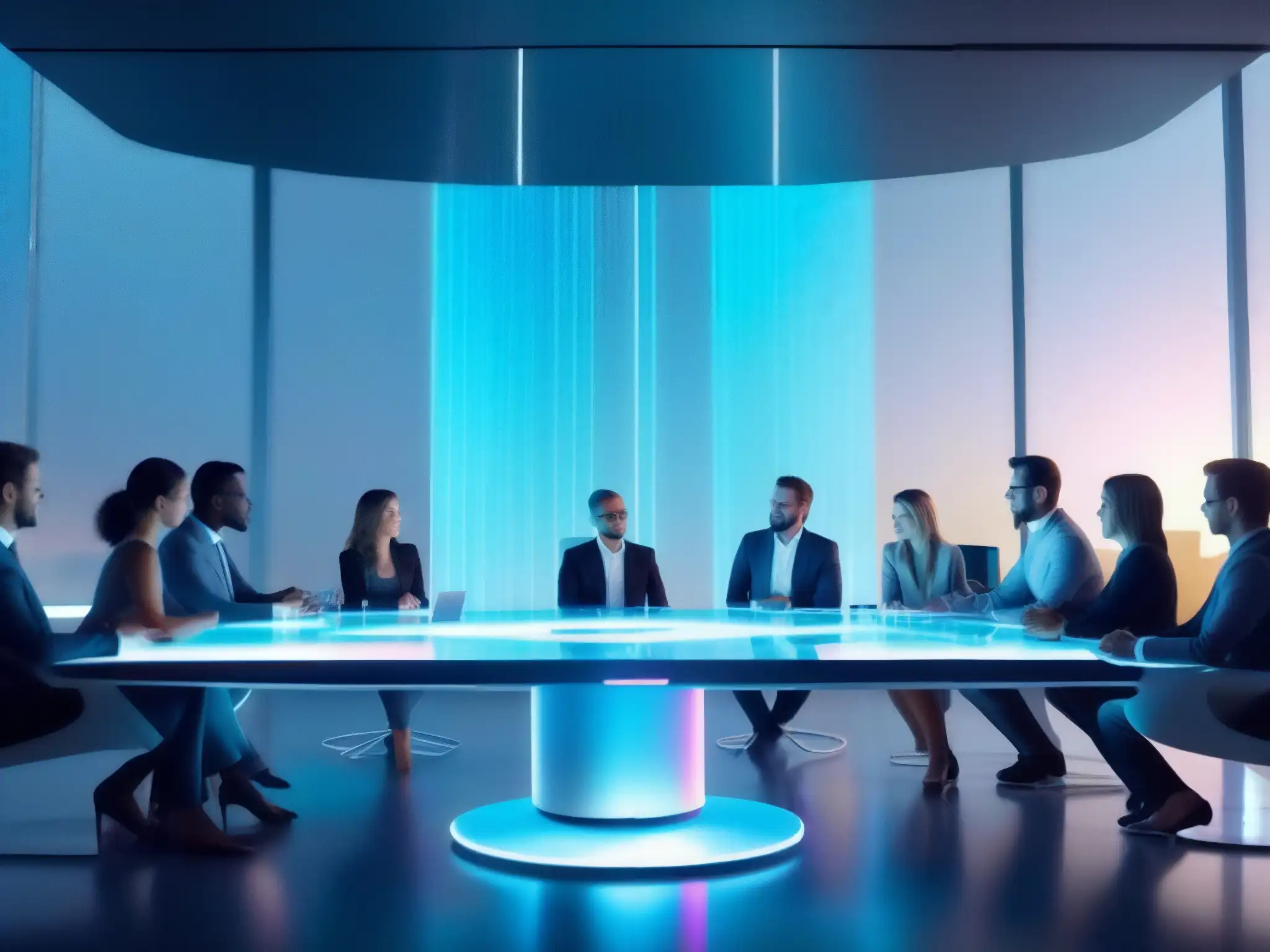 Reunión de Profesionales en Mesa Holográfica Futurista Profesionales en una videoconferencia holográfica, discutiendo estrategias en un ambiente futurista