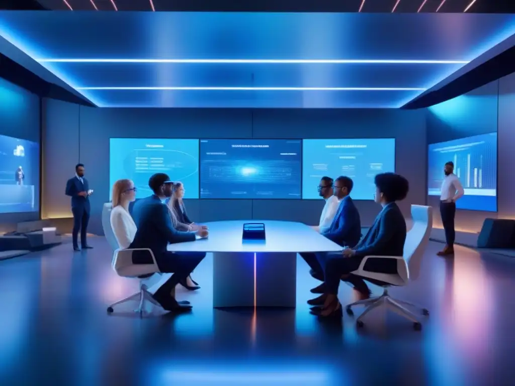 Conferencia holográfica futurista: profesionales en acción Profesionales participan en una videoconferencia holográfica en una sala futurista bañada en luz azul