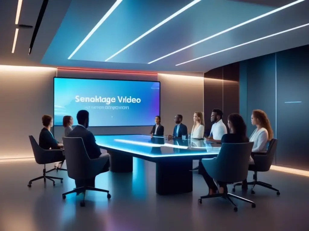 Videoconferencia 5G con hologramas futuristas Profesionales en videoconferencia 5G, interactúan con hologramas en sala futurista, reflejando colaboración en tiempo real