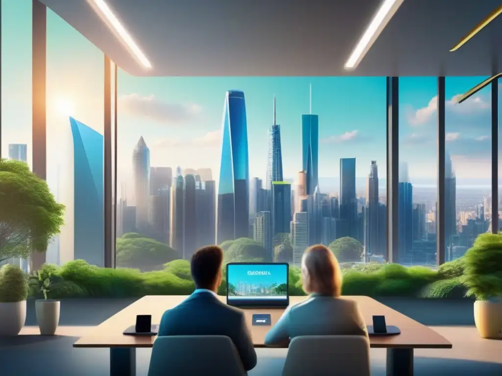 Videoconferencia ecofuturista en la ciudad Profesionales en videoconferencia reduciendo la huella de carbono en una ciudad futurista y ecoamigable