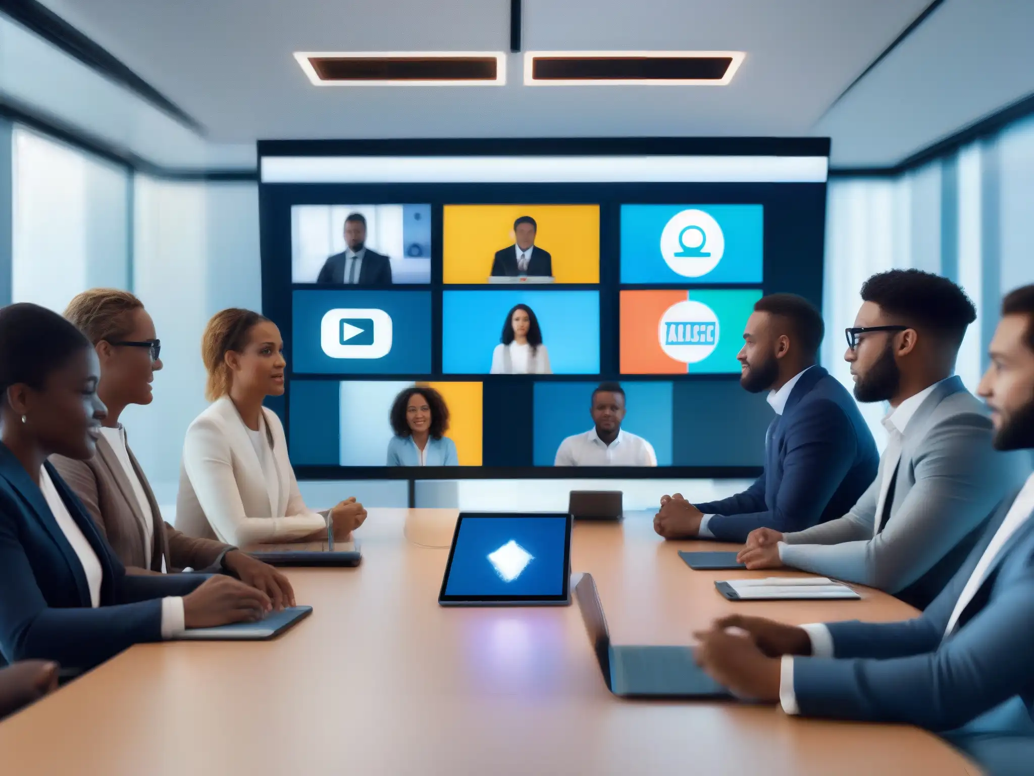 Conferencia virtual segura: Profesionales conectados Profesionales en videoconferencia con iconos de seguridad, reflejando la importancia de la seguridad en herramientas de videoconferencia