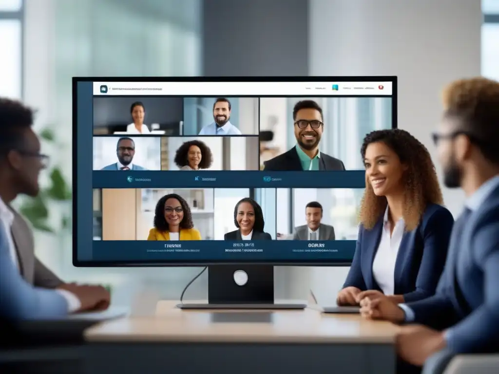 Profesionales comprometidos en videoconferencia Profesionales participando en una videoconferencia, con identidades claras y branding corporativo, transmitiendo seguridad y profesionalismo
