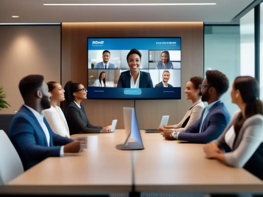Reunión virtual dinámica de profesionales diversos Profesionales diversos colaboran en una videoconferencia impactante, fomentando la productividad y la cultura corporativa
