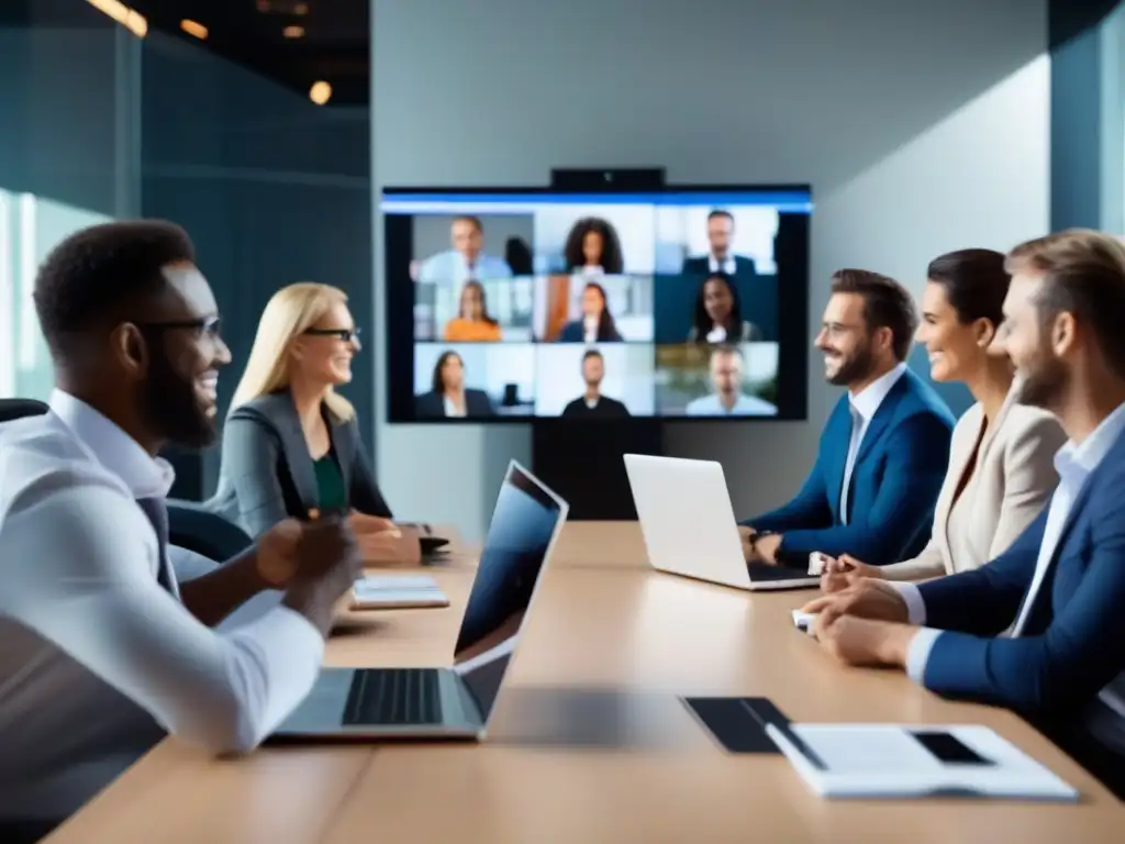 Reunión de negocios por videoconferencia: eficiencia y colaboración Profesionales en videoconferencia, mostrando impacto, productividad y cultura corporativa en un entorno moderno y profesional