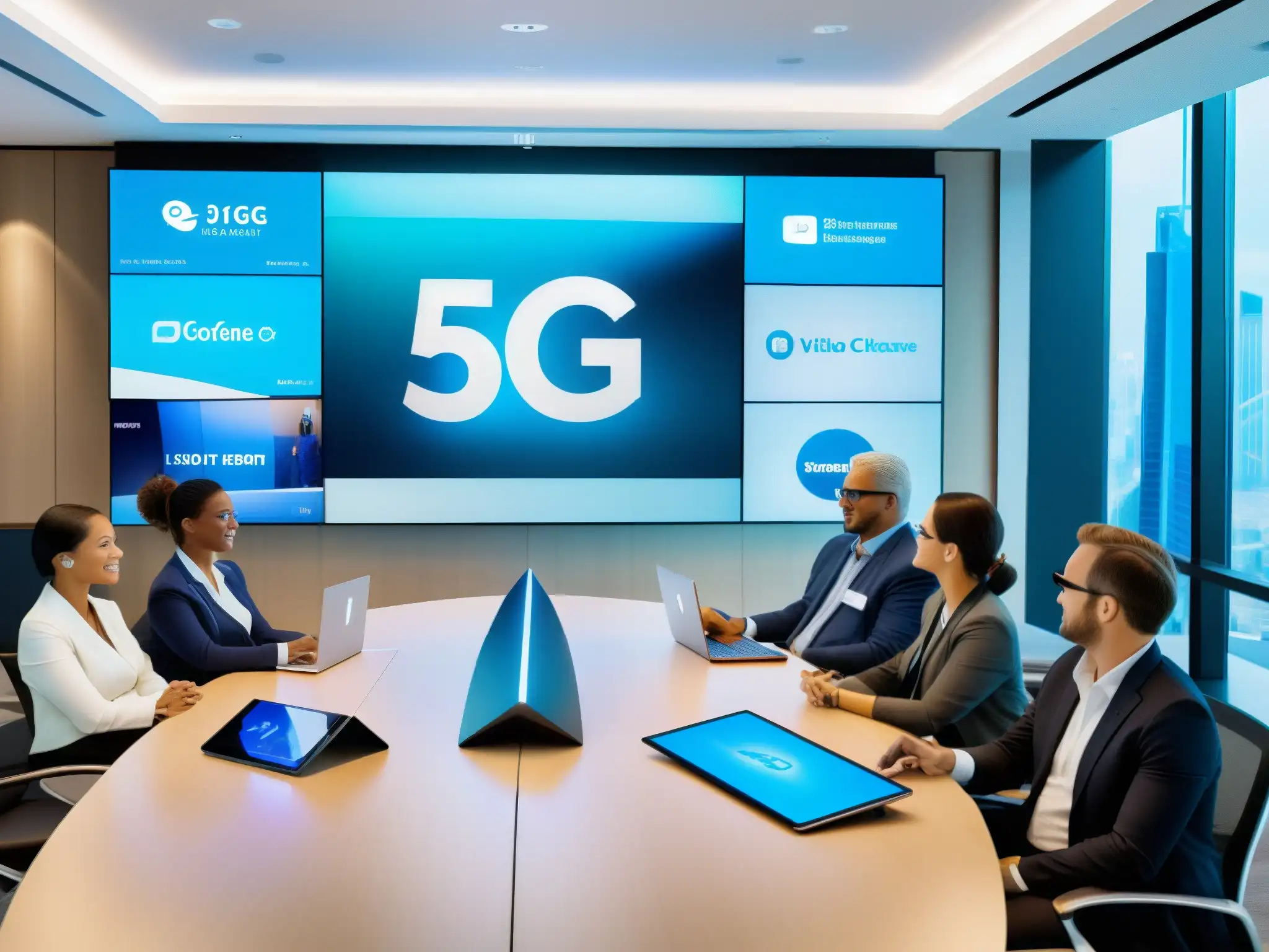 Conferencia 5G: Transformación Empresarial Profesionales en videoconferencia muestran el impacto del 5G en reunión de negocios