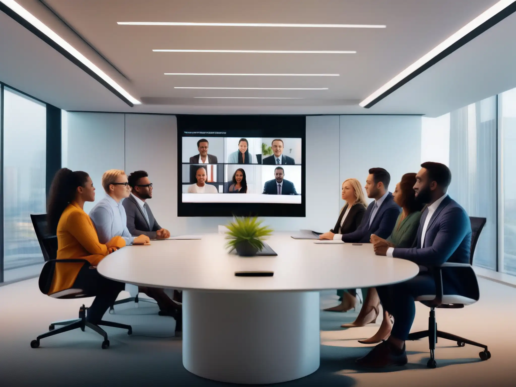Reunión virtual de profesionales en oficina moderna Profesionales participan activamente en una videoconferencia, mostrando el impacto de la IA en reuniones virtuales