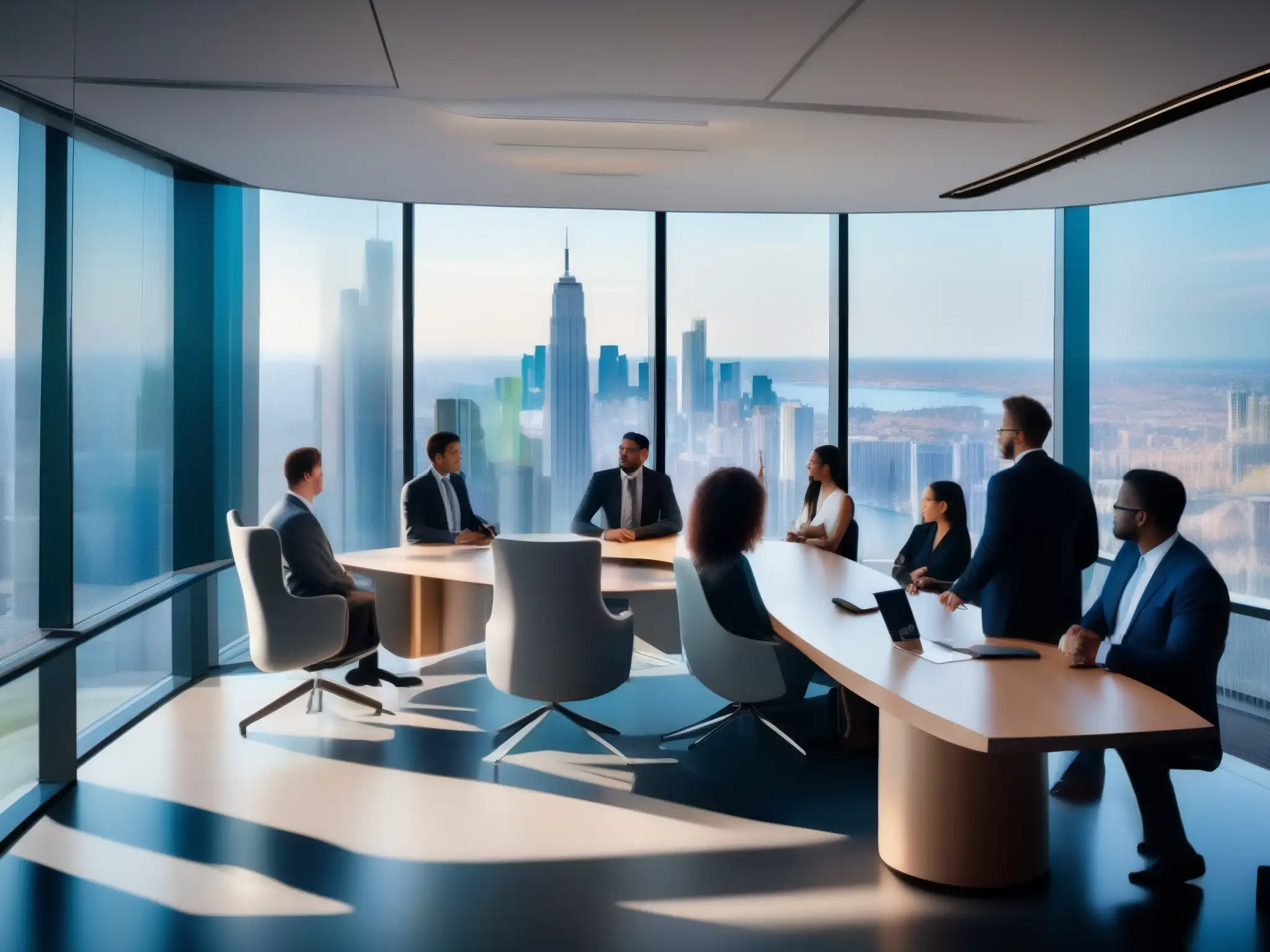 Sala de videoconferencias segura y profesional Profesionales en videoconferencia, destacando la importancia de encriptación en un entorno moderno y dinámico con vistas a la ciudad