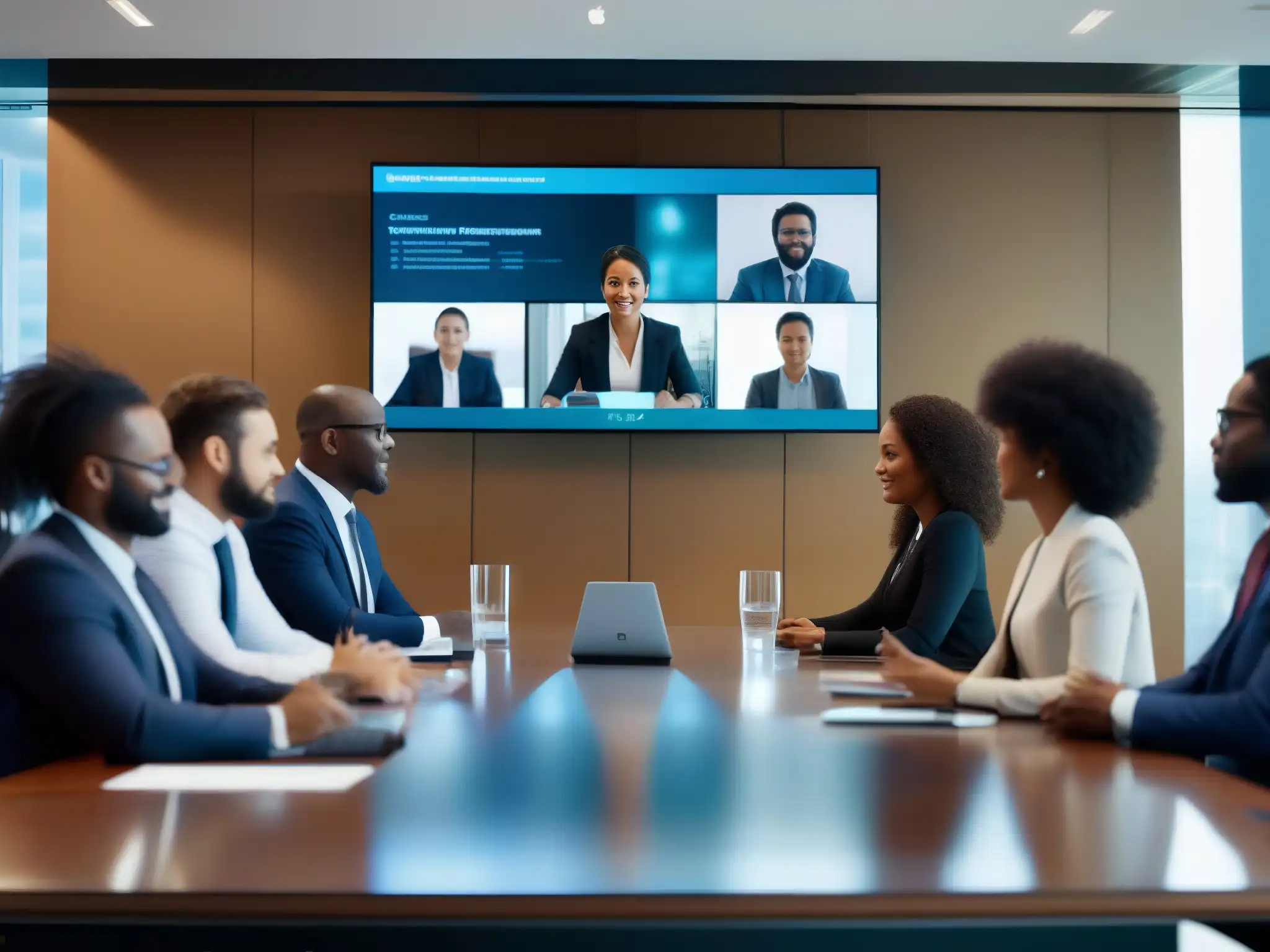 Profesionales en videoconferencia: ciberseguridad Profesionales en videoconferencia discuten la importancia de la ley ciberseguridad en empresas, en un entorno moderno y colaborativo