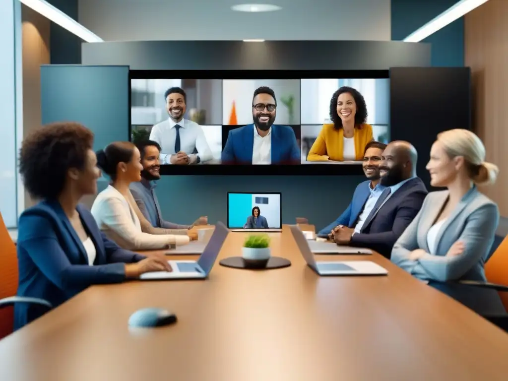 Videoconferencia Webex: Profesionales enfocados en CRM y marketing Profesionales en una videoconferencia, discutiendo integración CRM y herramientas de marketing