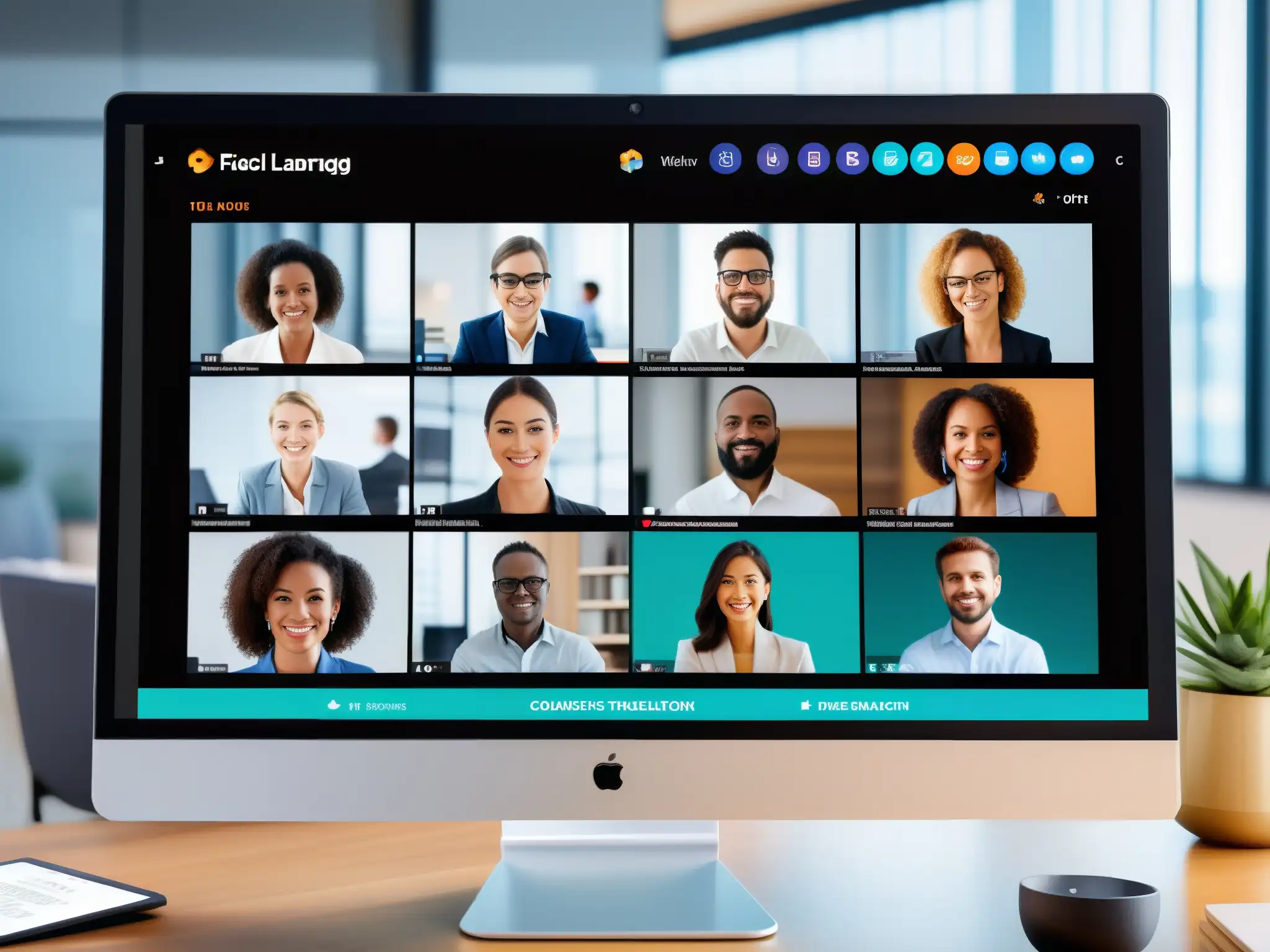 Videoconferencia futurista con traducción AI y reconocimiento facial Profesionales en videoconferencia con integración de inteligencia artificial y funciones avanzadas para una experiencia futurista y eficiente