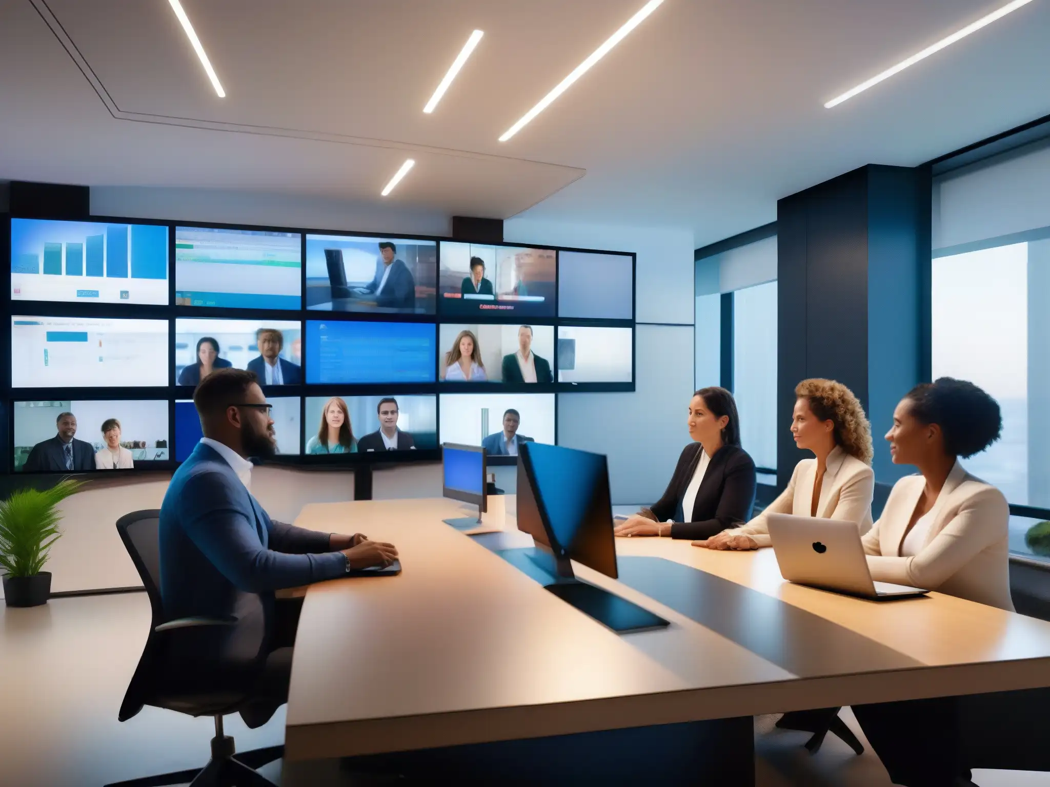 Oficina moderna con videoconferencia y gestión de proyectos ágil Profesionales colaborando en videoconferencia, integración Jira Zoom equipos desarrollo ágil