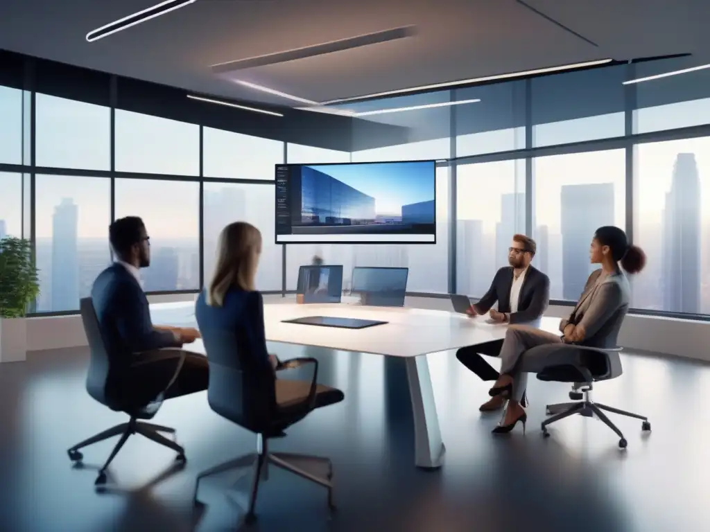 Conferencia en realidad aumentada: colaboración futurista Profesionales en videoconferencia con integración de realidad aumentada, colaborando en un ambiente futurista y dinámico