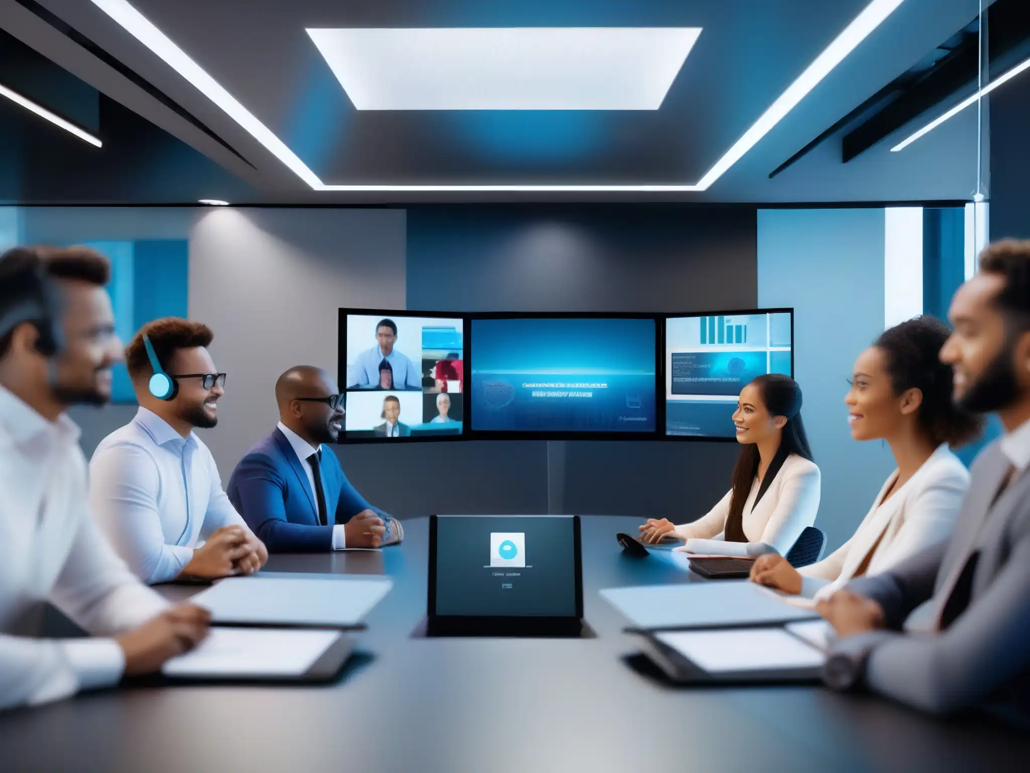 Videoconferencia con IA: Eficiencia y Colaboración Profesionales diversos participan en una videoconferencia con integraciones de IA, mostrando eficiencia y colaboración en el entorno profesional
