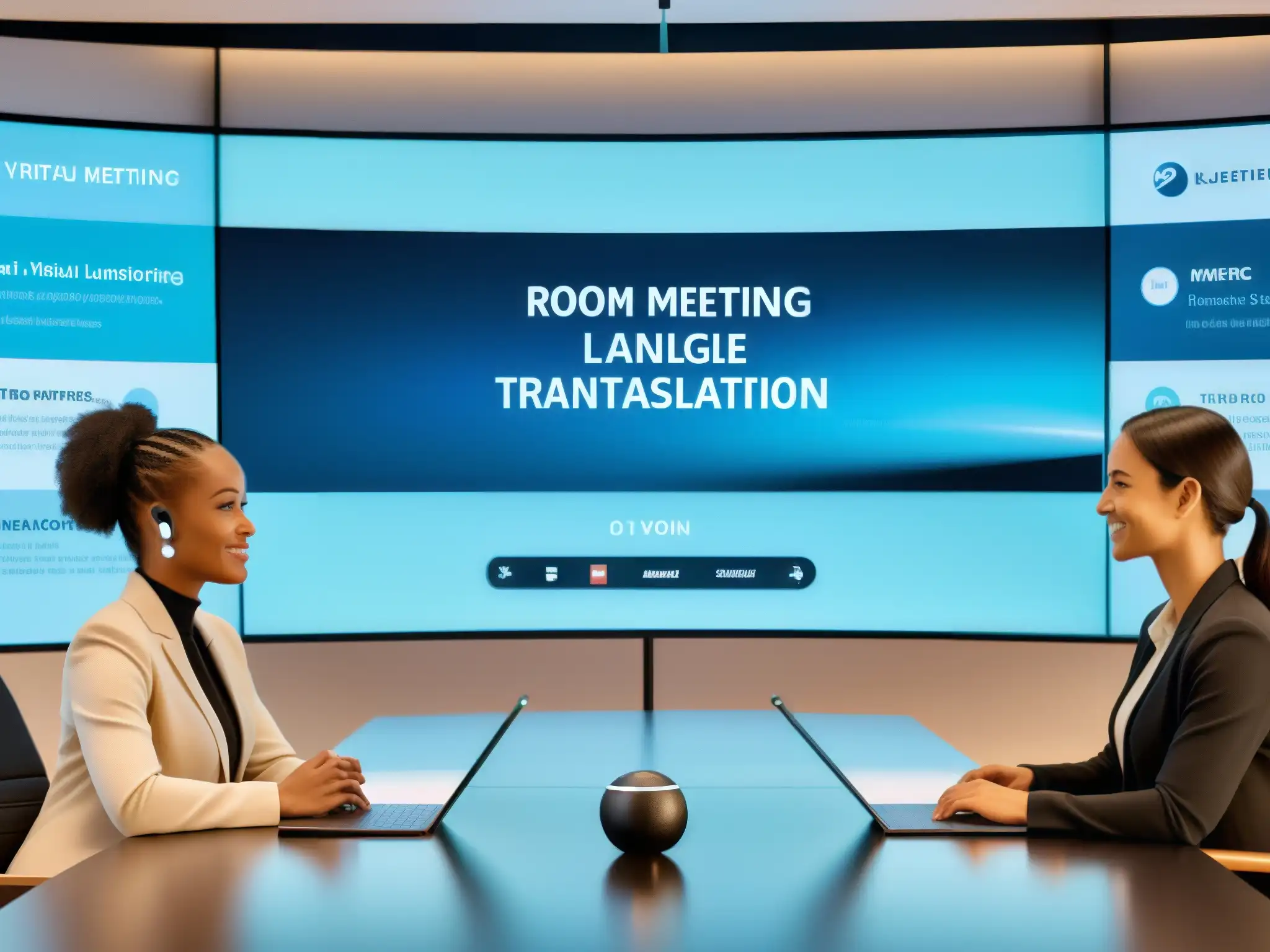 Sala de reuniones virtuales futurista con IA y traducción en tiempo real Profesionales en videoconferencia con inteligencia artificial, agenda y traducción en tiempo real en un espacio virtual futurista y minimalista