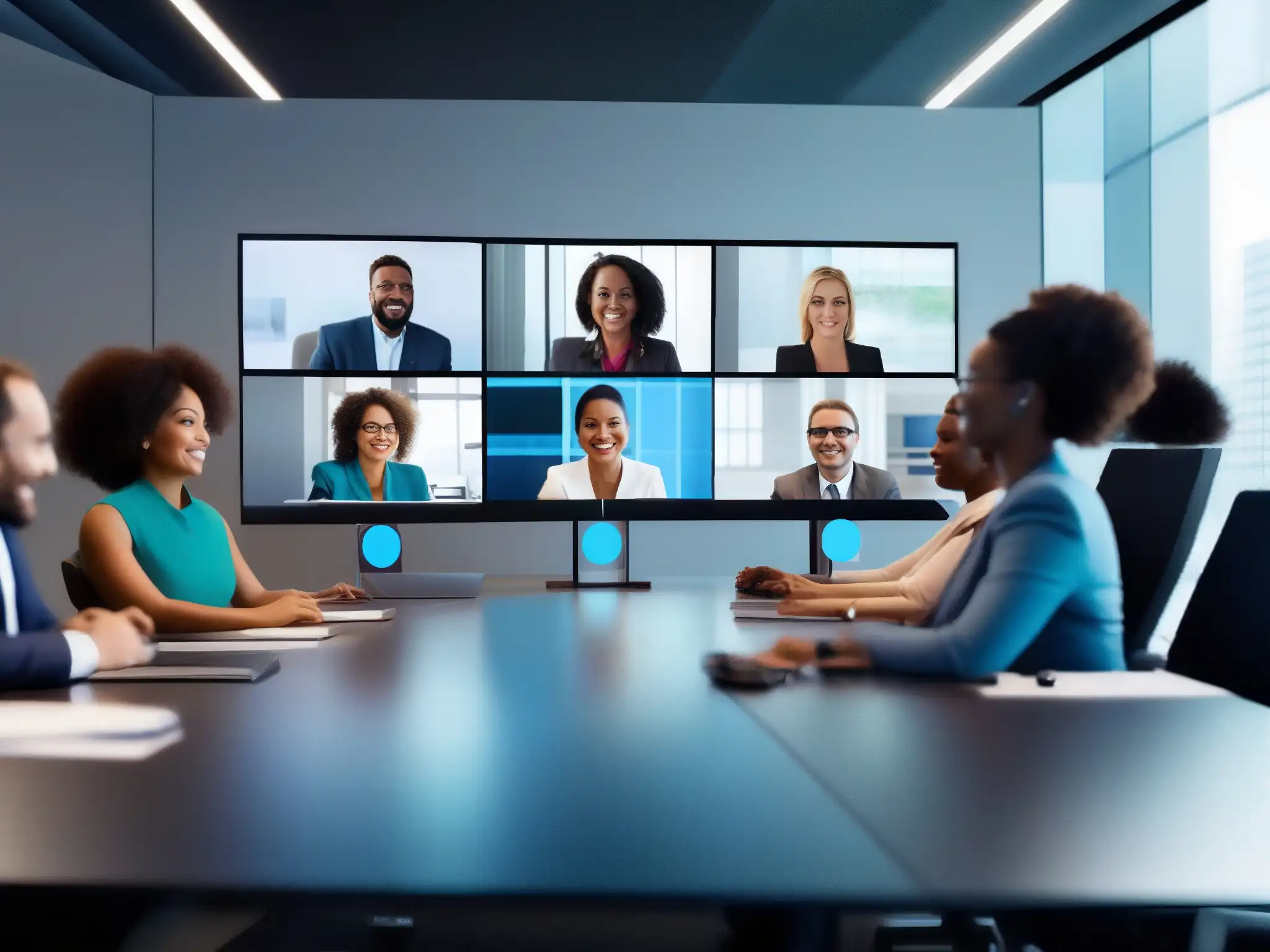 Reunión virtual de profesionales: innovación y colaboración AI Profesionales colaborando en videoconferencia con inteligencia artificial en una sala virtual futurista
