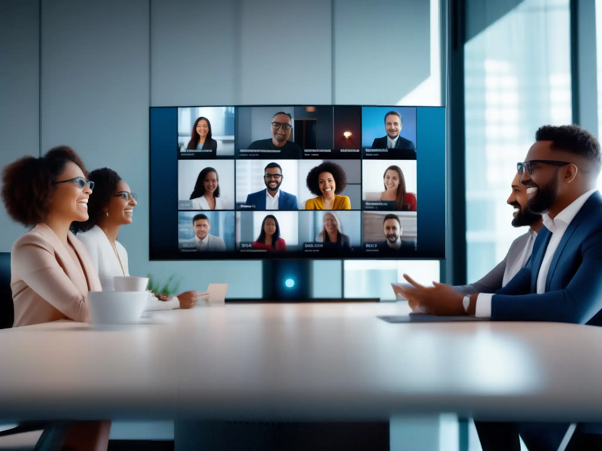 Equipo diverso en videoconferencia 8k mostrando conexión emocional Profesionales diversos participando en una videoconferencia con inteligencia emocional en un entorno futurista y profesional