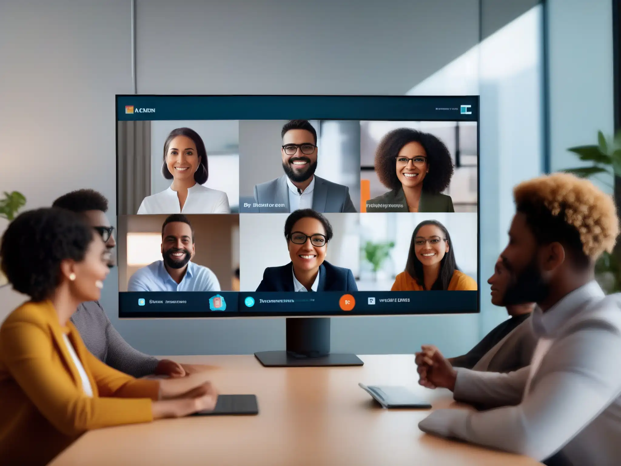 Videoconferencia profesional: colaboración remota efectiva Profesionales diversos participan en una videoconferencia, mostrando inteligencia emocional en sus interacciones virtuales