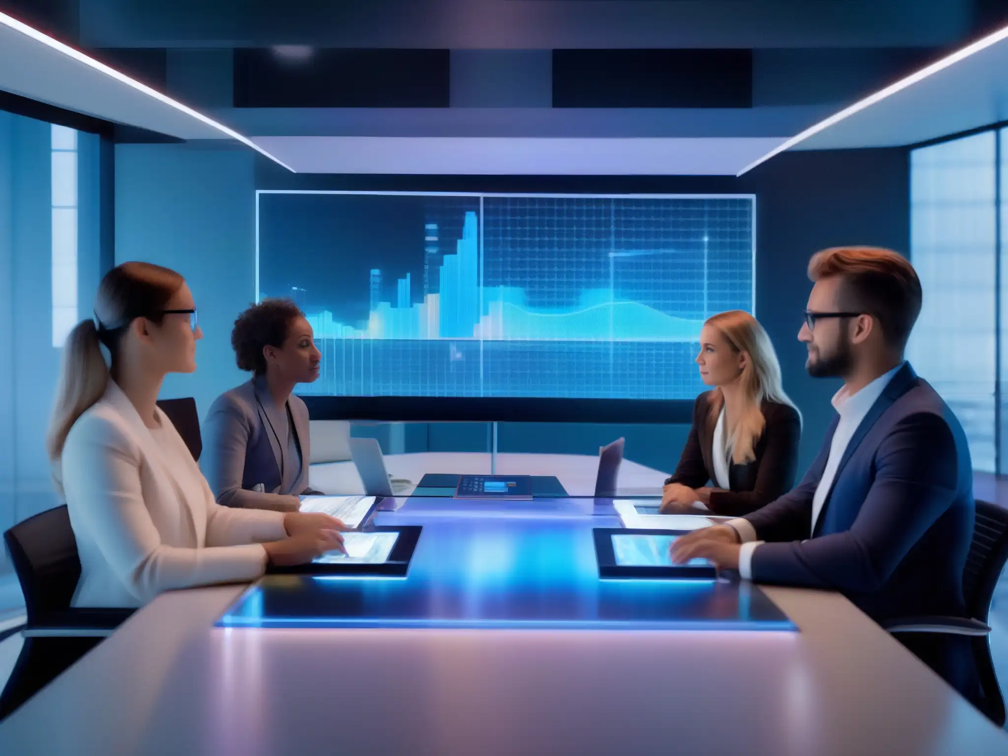 Conferencia futurista con IA y hologramas Profesionales en videoconferencia inteligente con IA, analizando datos en hologramas futuristas