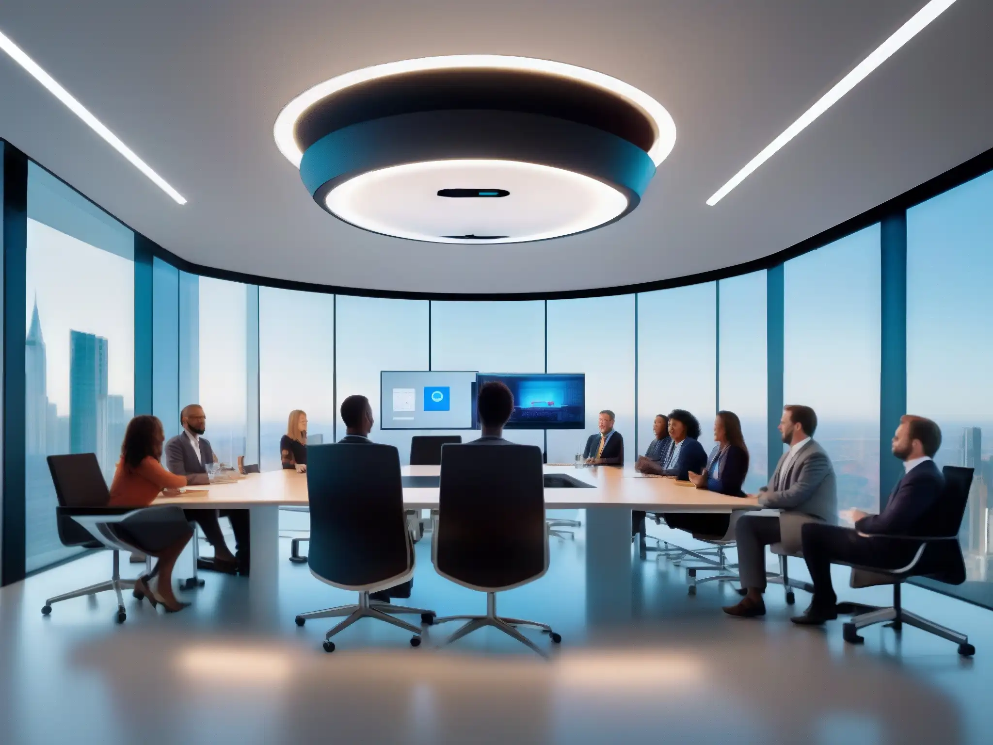 Conferencia virtual futurista con IA y tecnología avanzada Profesionales disfrutan de una videoconferencia inteligente con IA en una sala futurista y minimalista