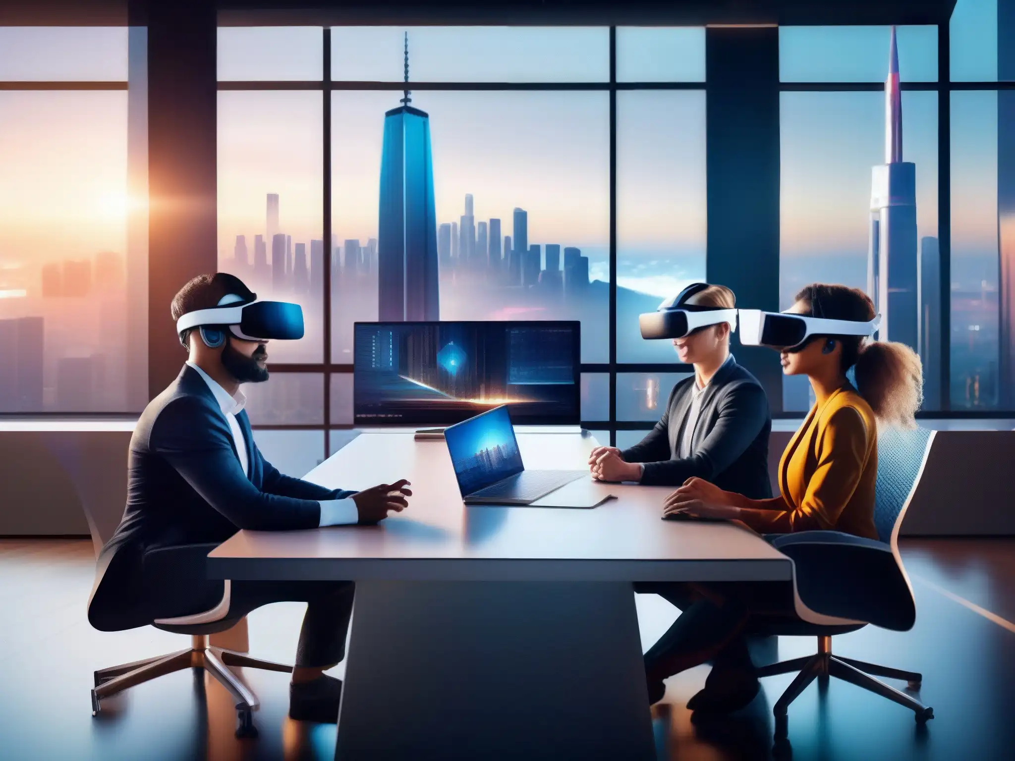 Profesionales en realidad virtual colaborando en una ciudad futurista Profesionales usan VR en videoconferencia, interactúan con objetos virtuales en una ciudad futurista
