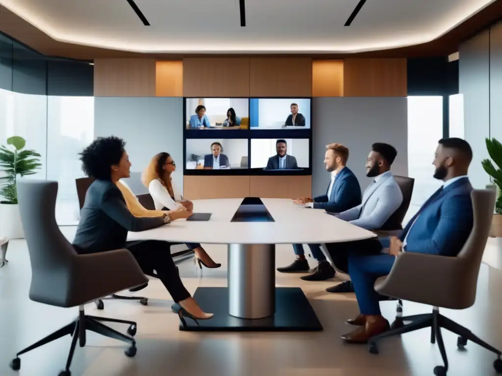 Videoconferencia profesional de colaboración dinámica Profesionales en videoconferencia con interfaz moderna y ambiente profesional