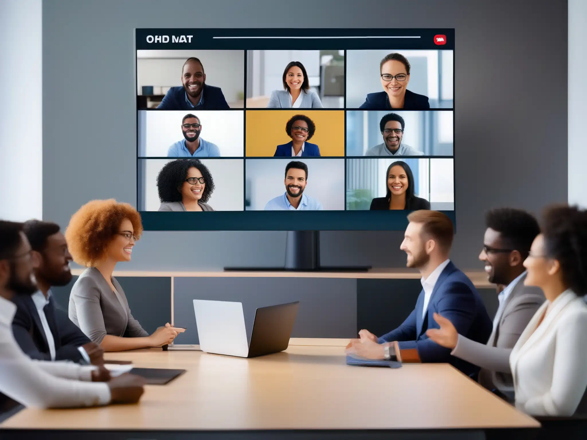 Videoconferencia: Profesionales colaborando en entornos versátiles Profesionales participando en una videoconferencia con una interfaz moderna y versátil
