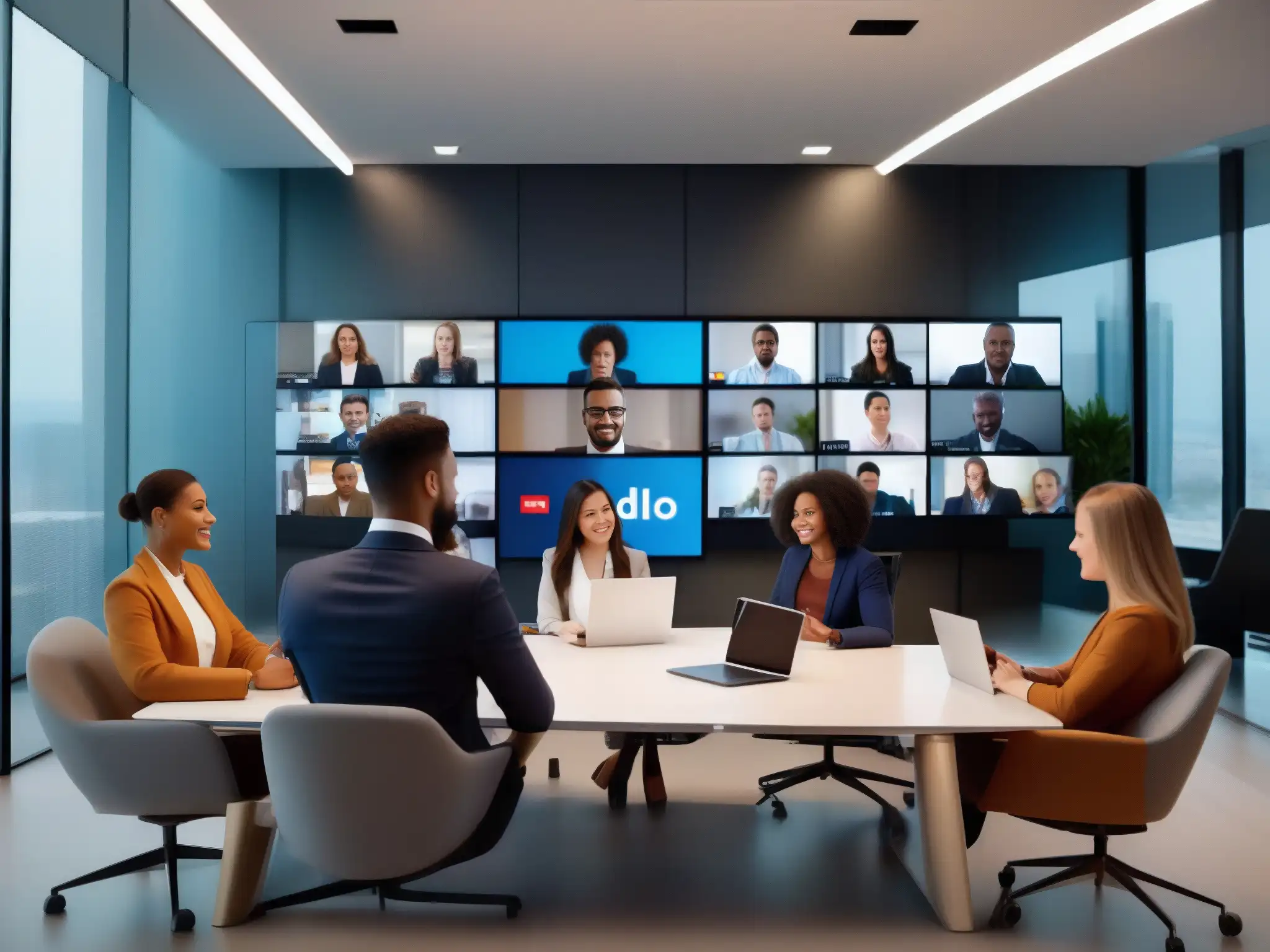 Videoconferencia profesional en espacio moderno Profesionales en videoconferencia móvil con interfaz moderna y entorno de trabajo organizado