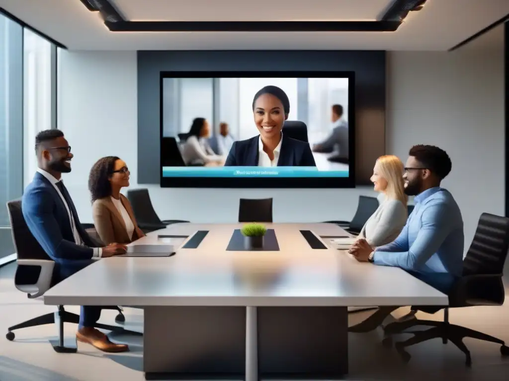 Profesionales dinámicos en videoconferencia moderna Profesionales participando en una videoconferencia con una interfaz moderna y elegante