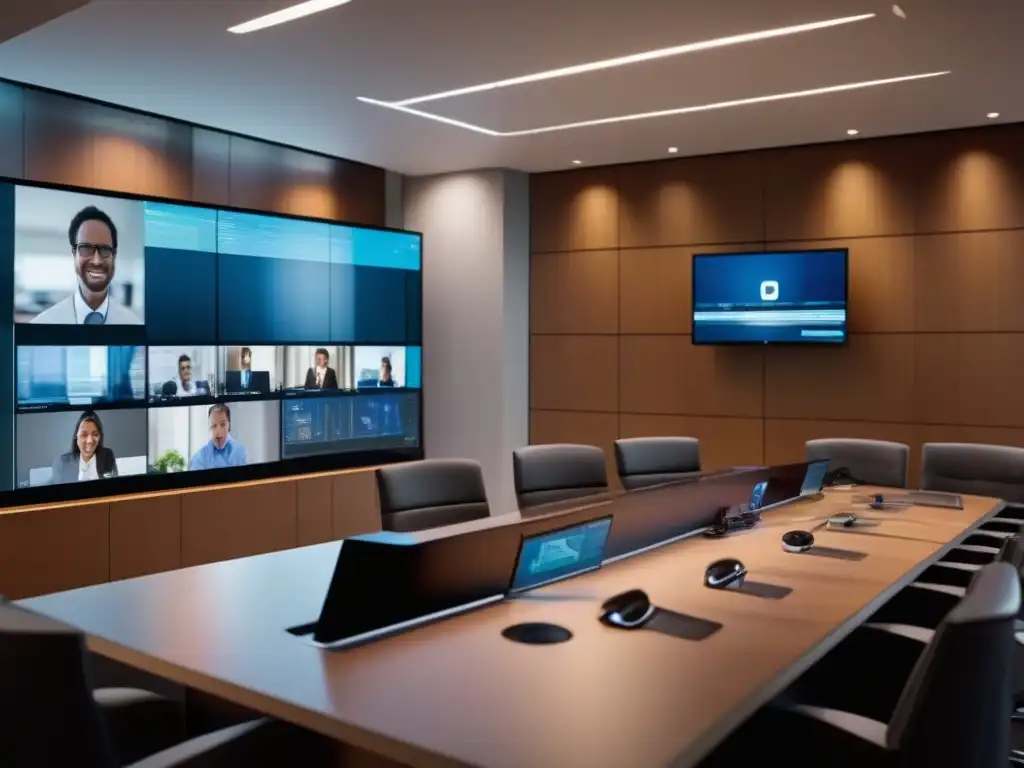 Videoconferencia global: sala ultramoderna y dinámica Profesionales en videoconferencia internacional, destacando la transferencia segura de datos y soluciones modernas en la gestión de riesgos