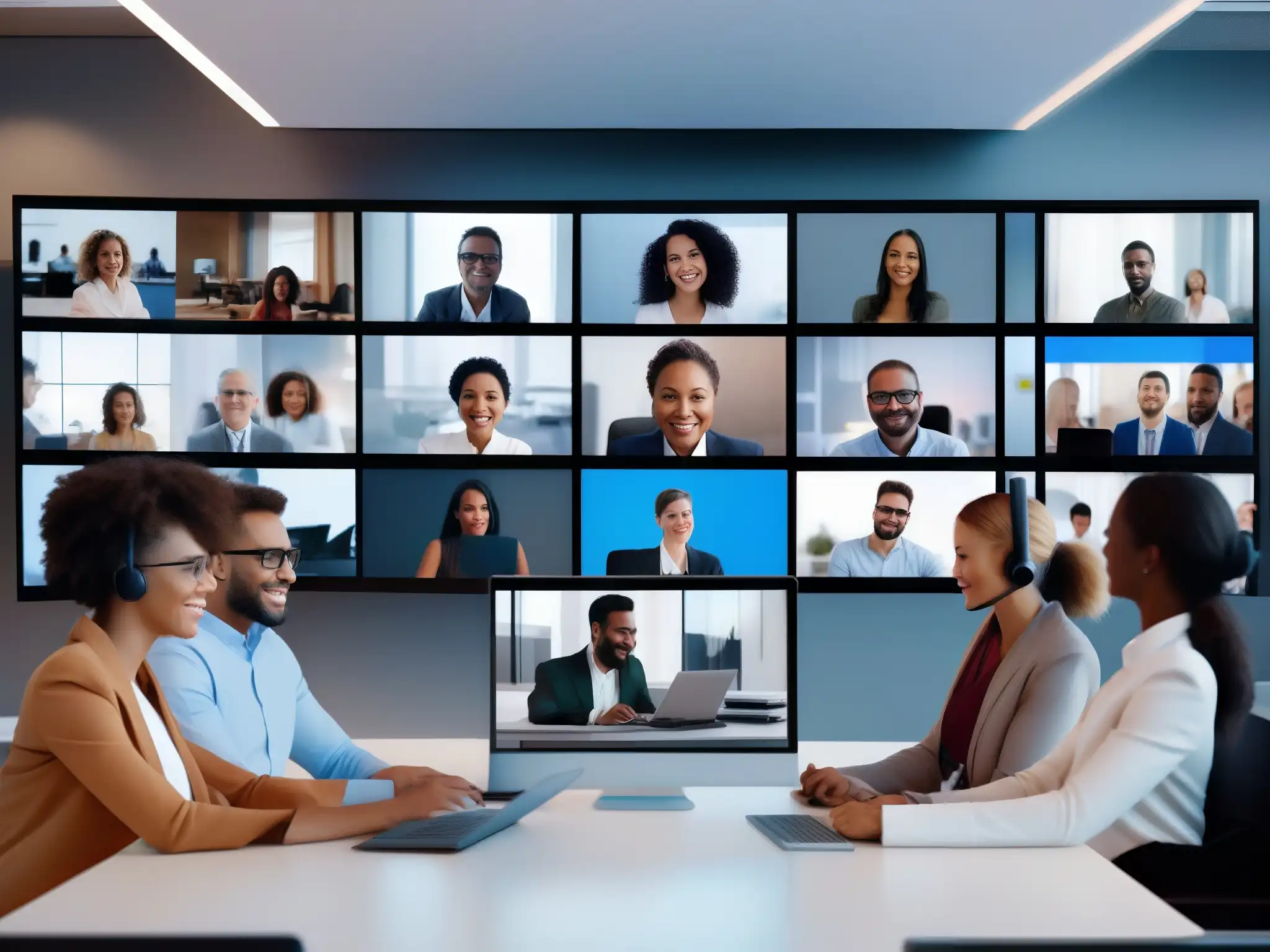 Profesionales colaborando en videoconferencia 8K Profesionales colaborando en videoconferencia con interoperabilidad API y plataformas diversas, mostrando eficiencia y compromiso