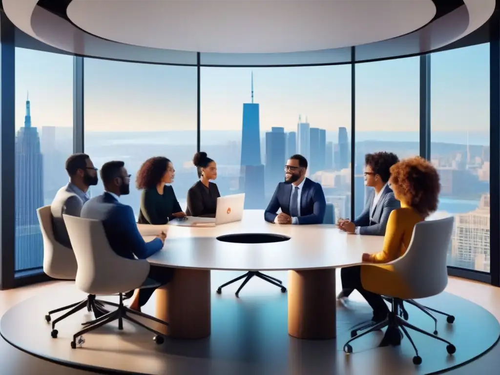 Colaboración profesional: Integración perfecta de IA en videoconferencias Profesionales colaboran en videoconferencia junto a avatares virtuales, mostrando la integración de inteligencia artificial en el entorno laboral