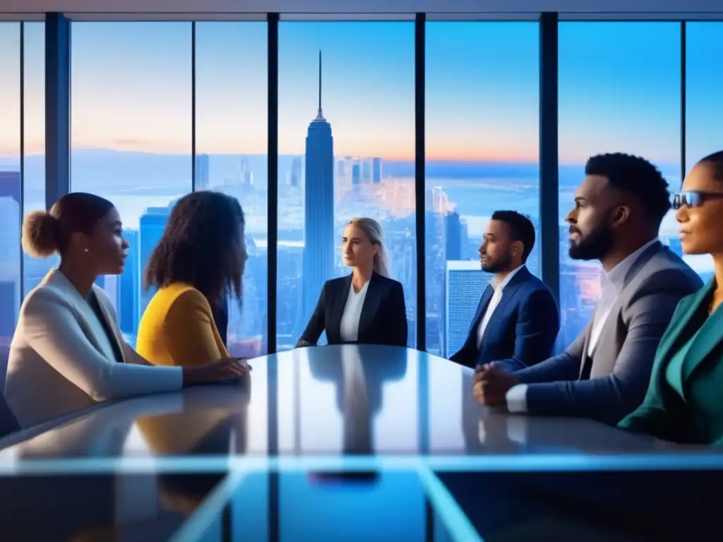 Videoconferencia 5G: Profesionales conectados en alta definición Profesionales en videoconferencia 5G, interactúan como si estuvieran juntos, con futurista ciudad de fondo