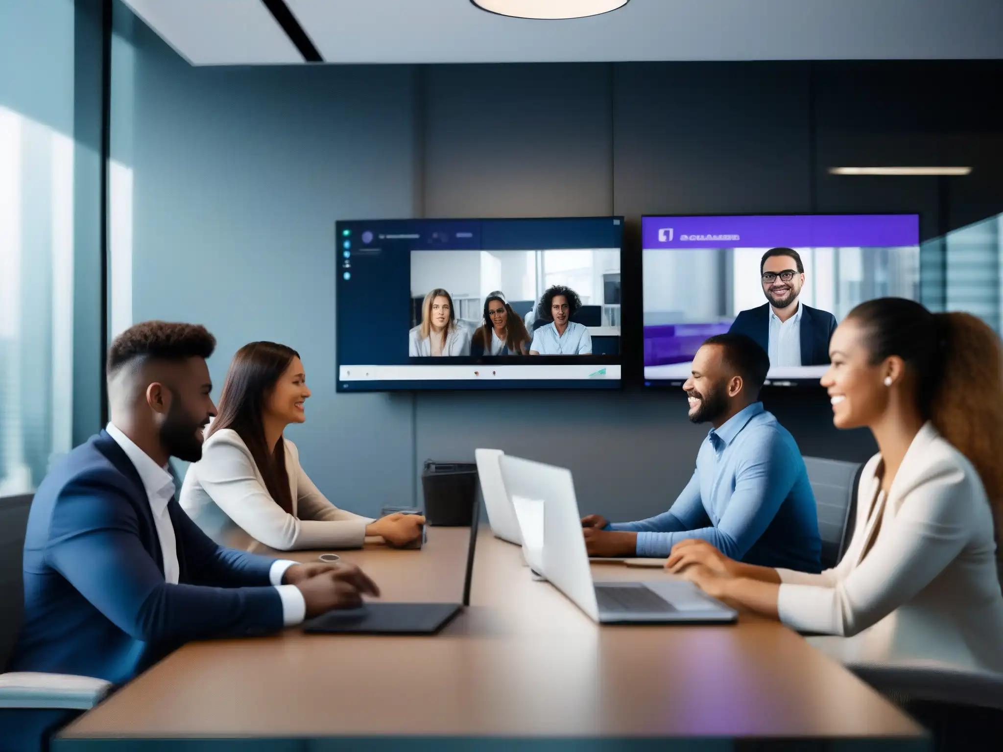 Equipo profesional en videoconferencia con Microsoft Teams Profesionales colaboran en videoconferencia con la mejor herramienta colaboración videoconferencias, en una oficina moderna y eficiente