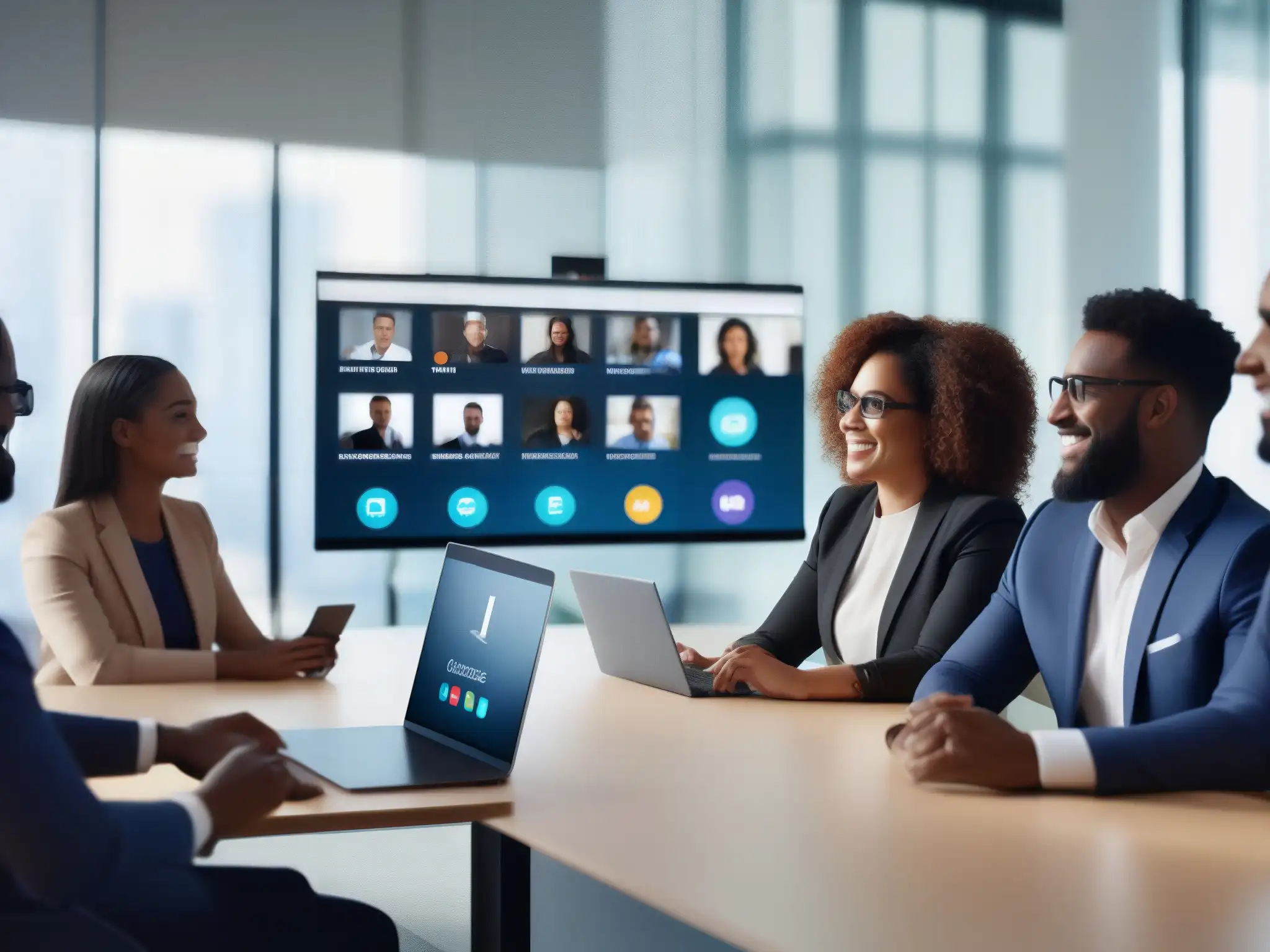 Videoconferencia profesional: interacción fluida en pantalla moderna Profesionales interactúan en una videoconferencia con la mejor interfaz usuario para entornos profesionales