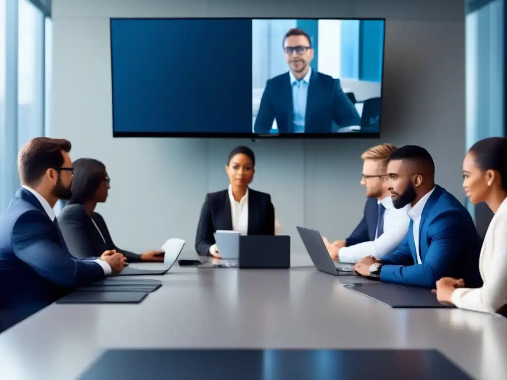 Profesionales en videoconferencia, enfocados en seguridad Profesionales en videoconferencia discutiendo mejoras seguridad videoconferencias protocolos en un entorno moderno y colaborativo