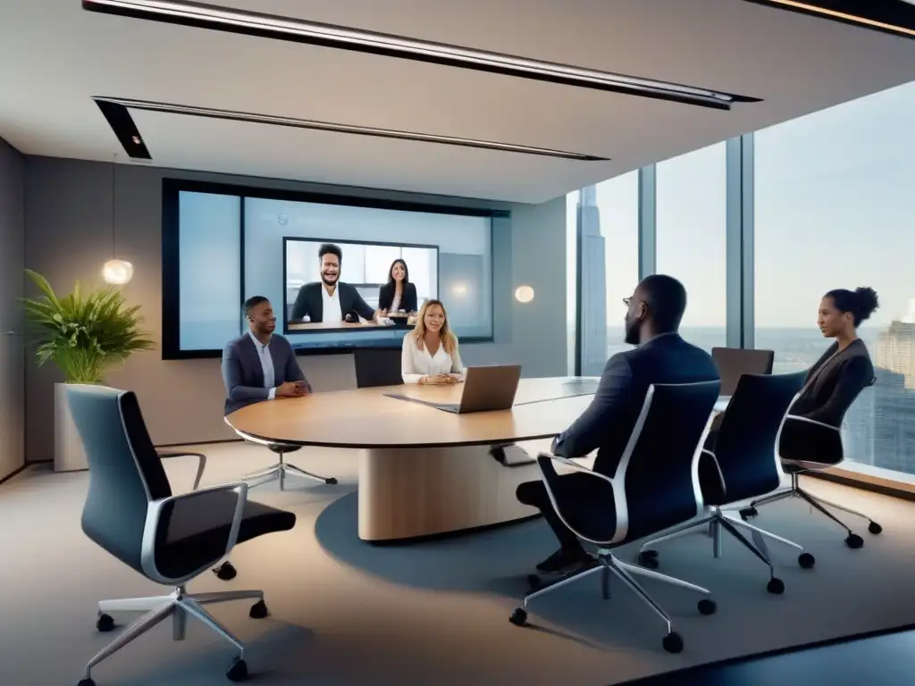 Videoconferencia profesional en oficina moderna con GoToMeeting Profesionales en videoconferencia con las mejores herramientas para reuniones virtuales en una oficina moderna y eficiente