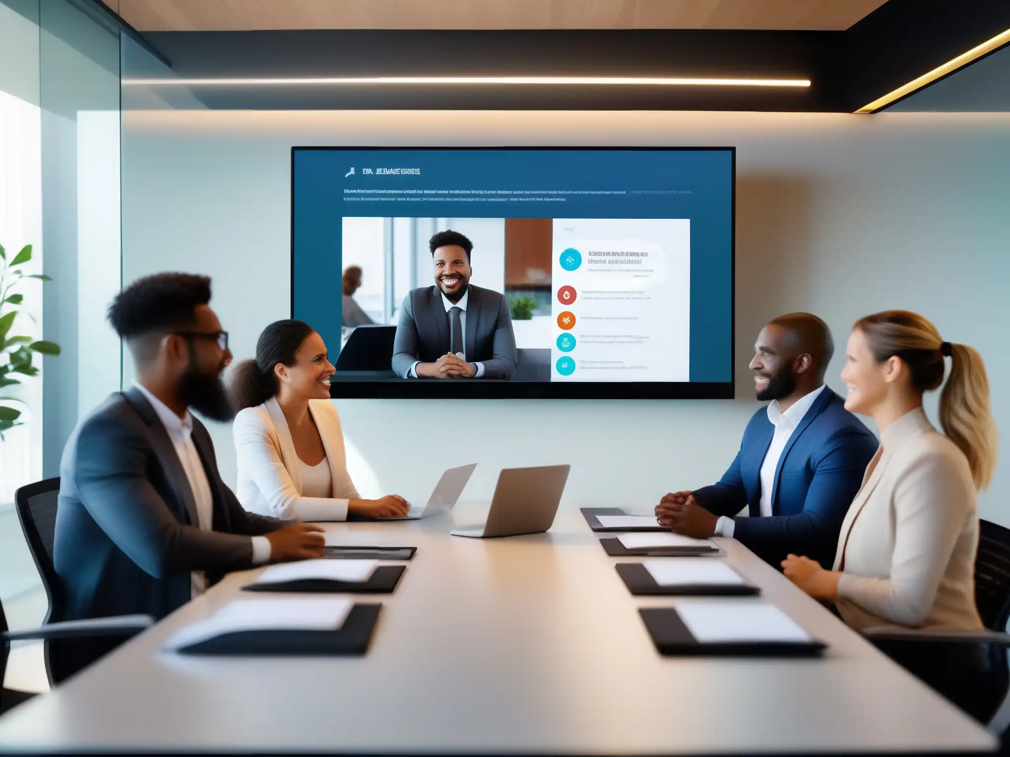 Reunión virtual de profesionales: colaboración eficiente Profesionales colaborando en videoconferencia con las mejores herramientas y usabilidad, en una oficina contemporánea