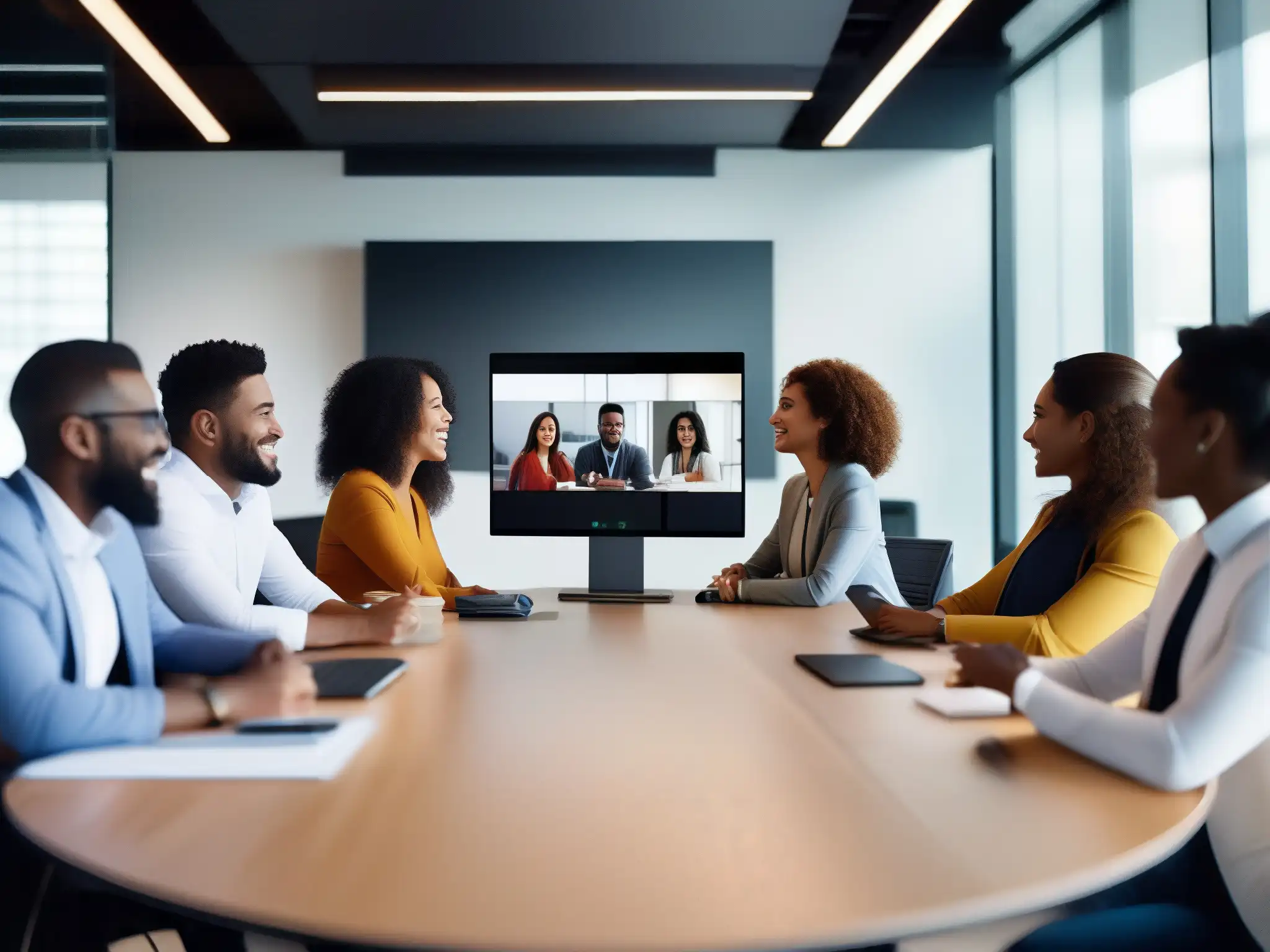 Reunión virtual de profesionales: colaboración activa y enfoque Profesionales colaborando en videoconferencia con las mejores herramientas gestión videoconferencias