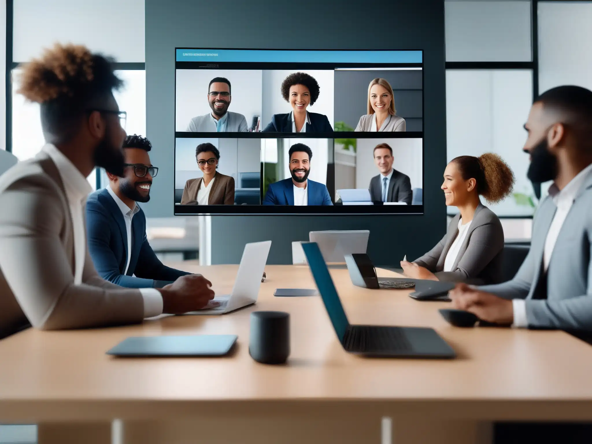 Profesionales colaborando en videoconferencia de alta tecnología Profesionales colaborando en videoconferencia con las mejores herramientas para equipos remotos, en un entorno remoto eficiente y sofisticado