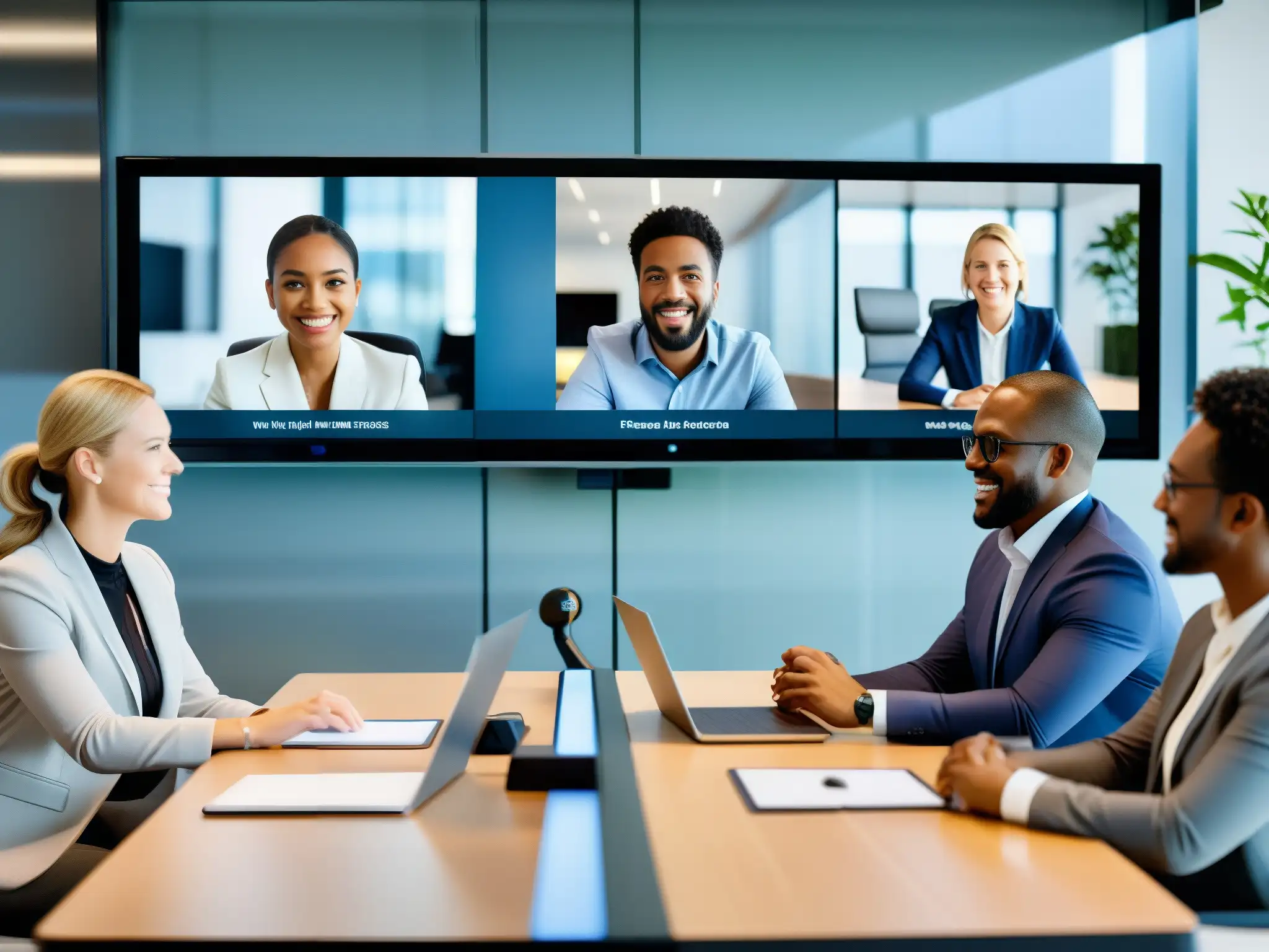 Reunión virtual profesional: colaboración eficiente y enfoque total Profesionales colaborando en videoconferencia con las mejores herramientas, sincronización y enfoque en una oficina contemporánea llena de luz natural