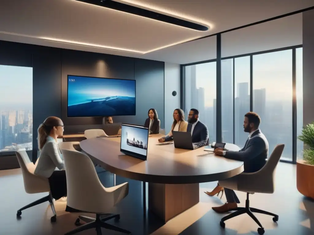 Videoconferencia profesional con diversidad de herramientas seguras Profesionales en videoconferencia con las mejores herramientas para privacidad, en una oficina moderna llena de luz natural y tecnología de vanguardia