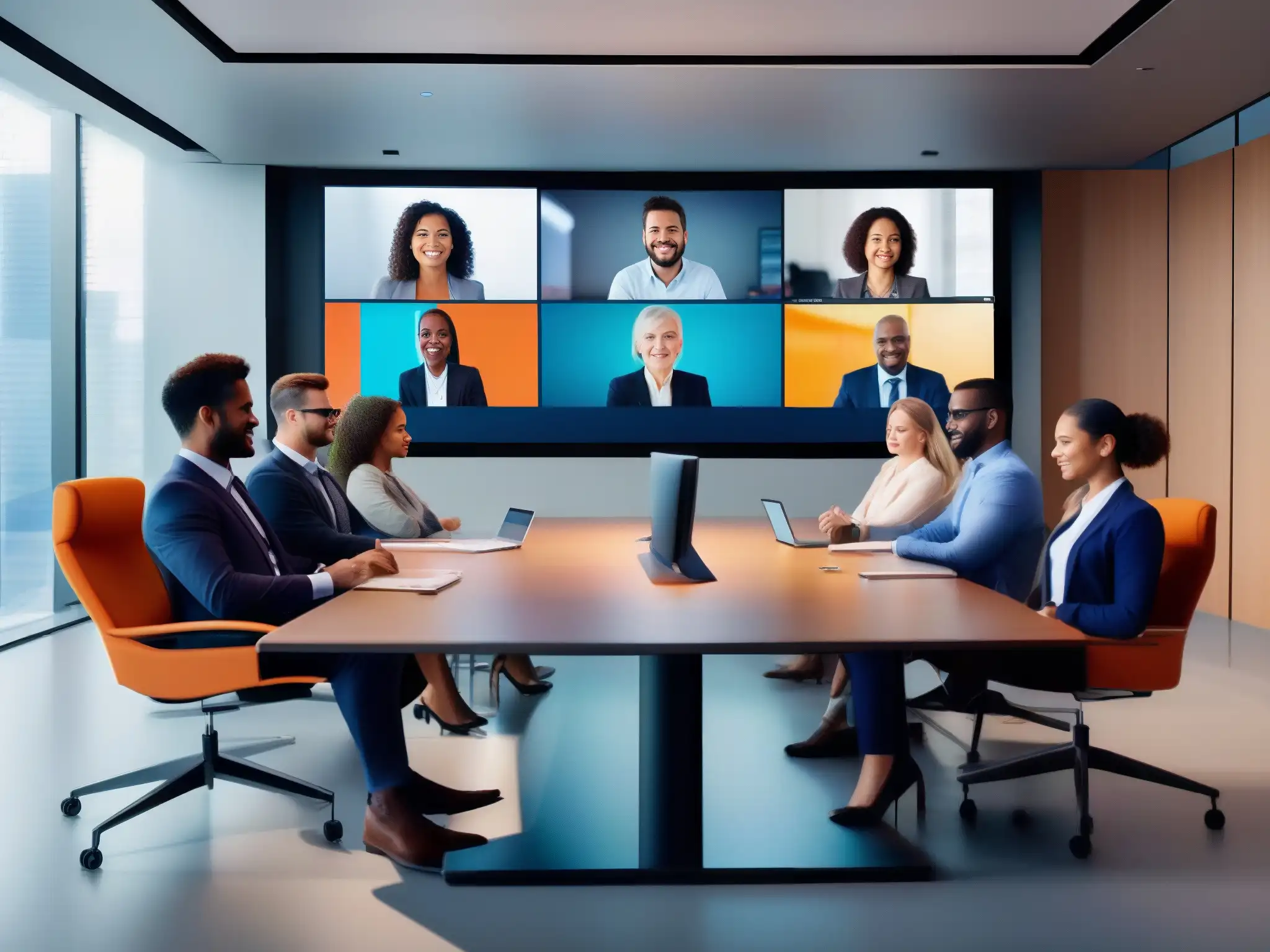 Reunión virtual de ejecutivos: eficiencia y modernidad Profesionales en videoconferencia con las mejores herramientas para empresas, en una atmósfera moderna y productiva