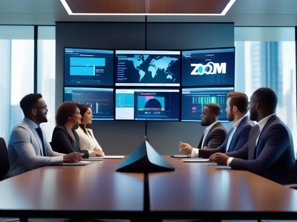 Conferencia de video de alto rendimiento en sala de juntas moderna Profesionales en videoconferencia con las mejores herramientas para empresas, colaborando dinámicamente en una sala de juntas moderna y tecnológica