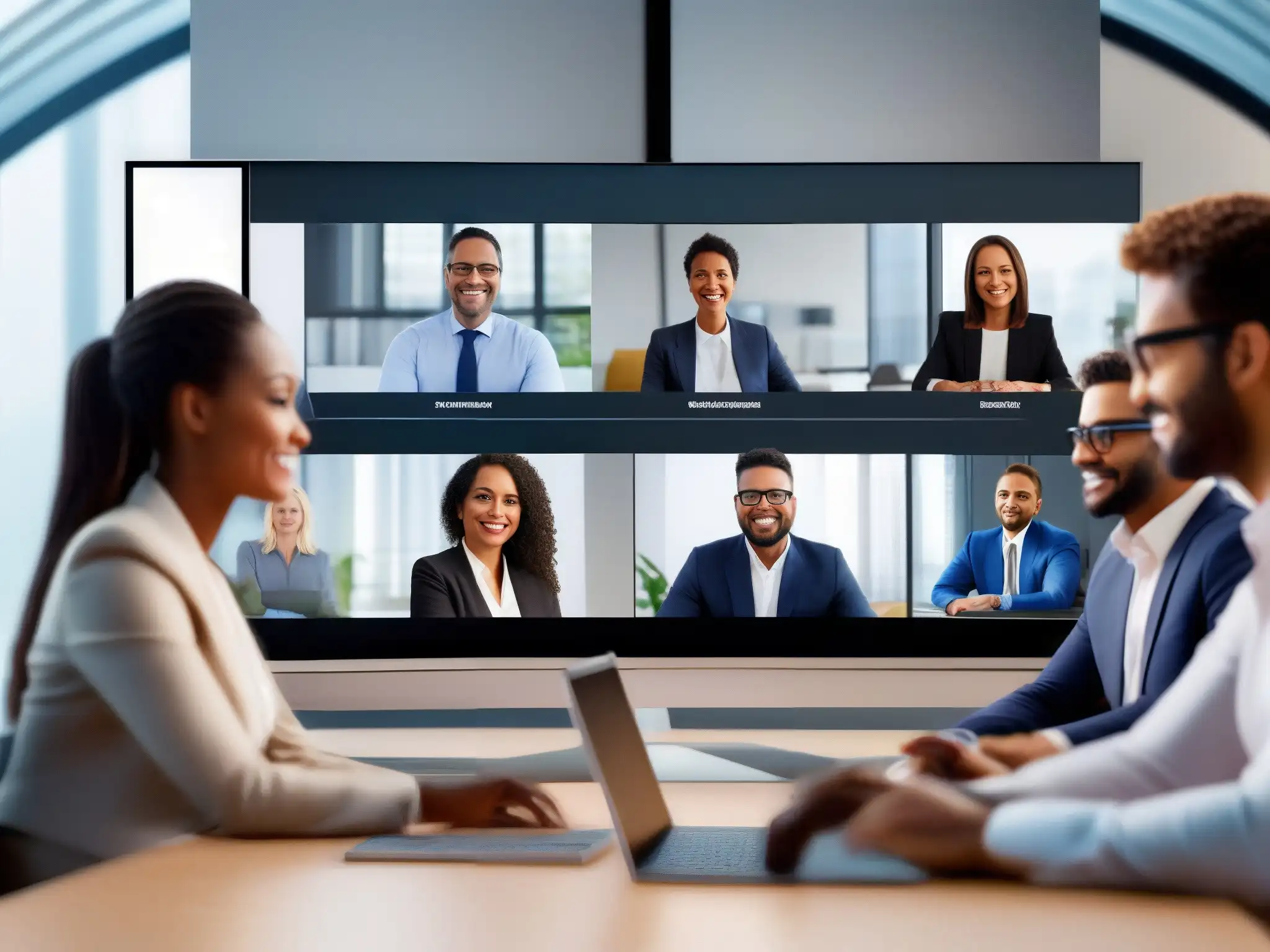 Videoconferencia profesional: colaboración remota de alta tecnología Profesionales en videoconferencia colaboran con las mejores herramientas para empresas, proyectando colaboración y sofisticación tecnológica