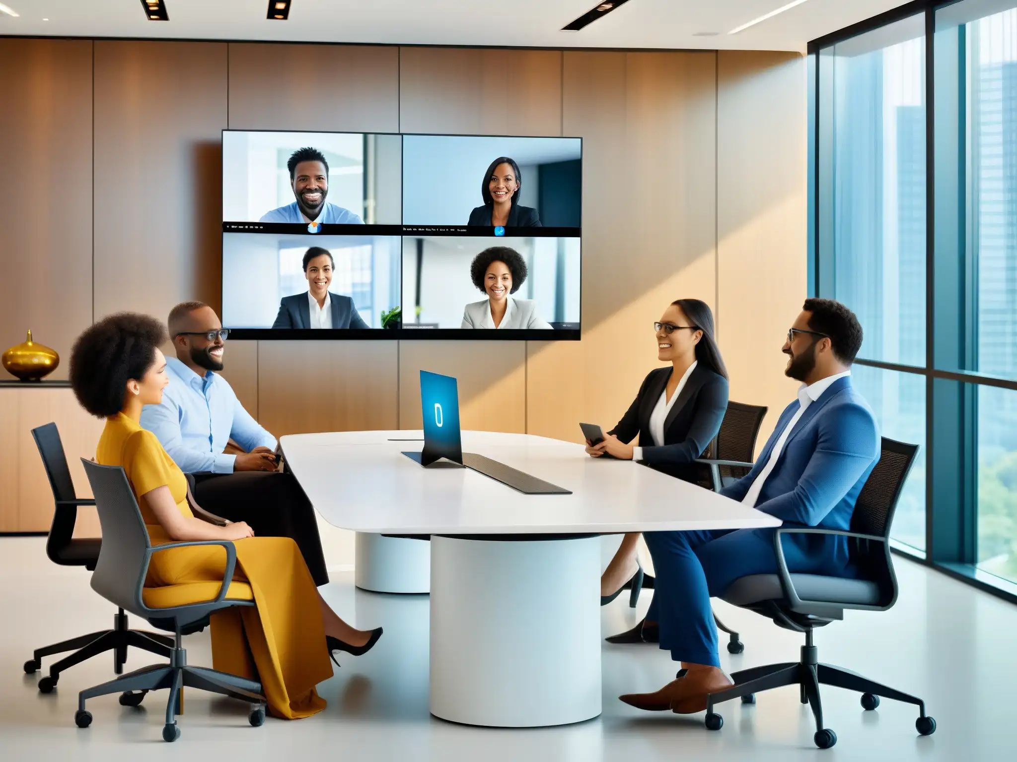 Reunión virtual de profesionales: colaboración y tecnología moderna Profesionales colaborando en videoconferencia con las mejores interfaces intuitivas