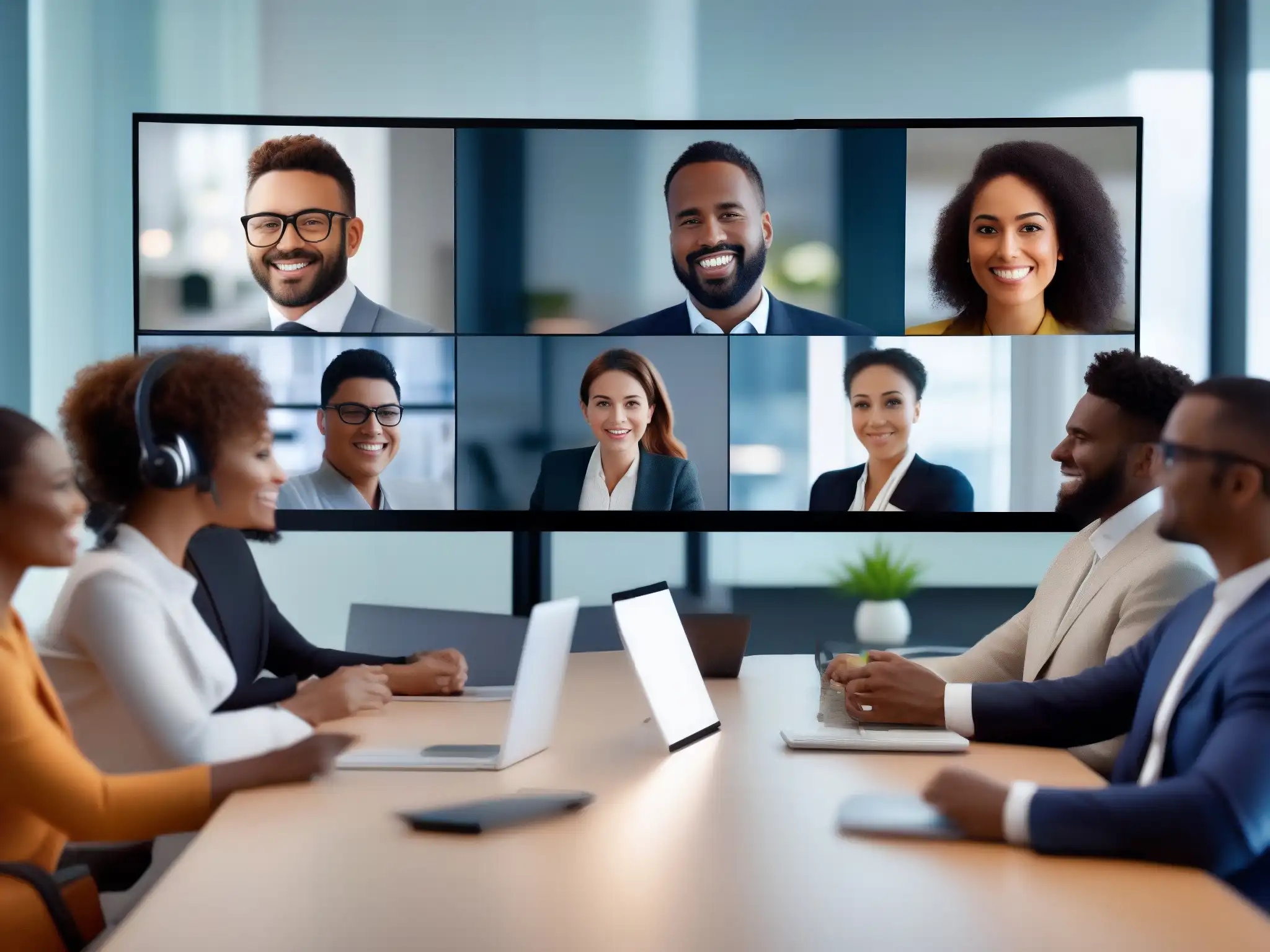 Videoconferencia profesional: colaboración eficiente en entorno moderno Profesionales colaborando en una videoconferencia con las mejores interfaces de videoconferencia intuitivas