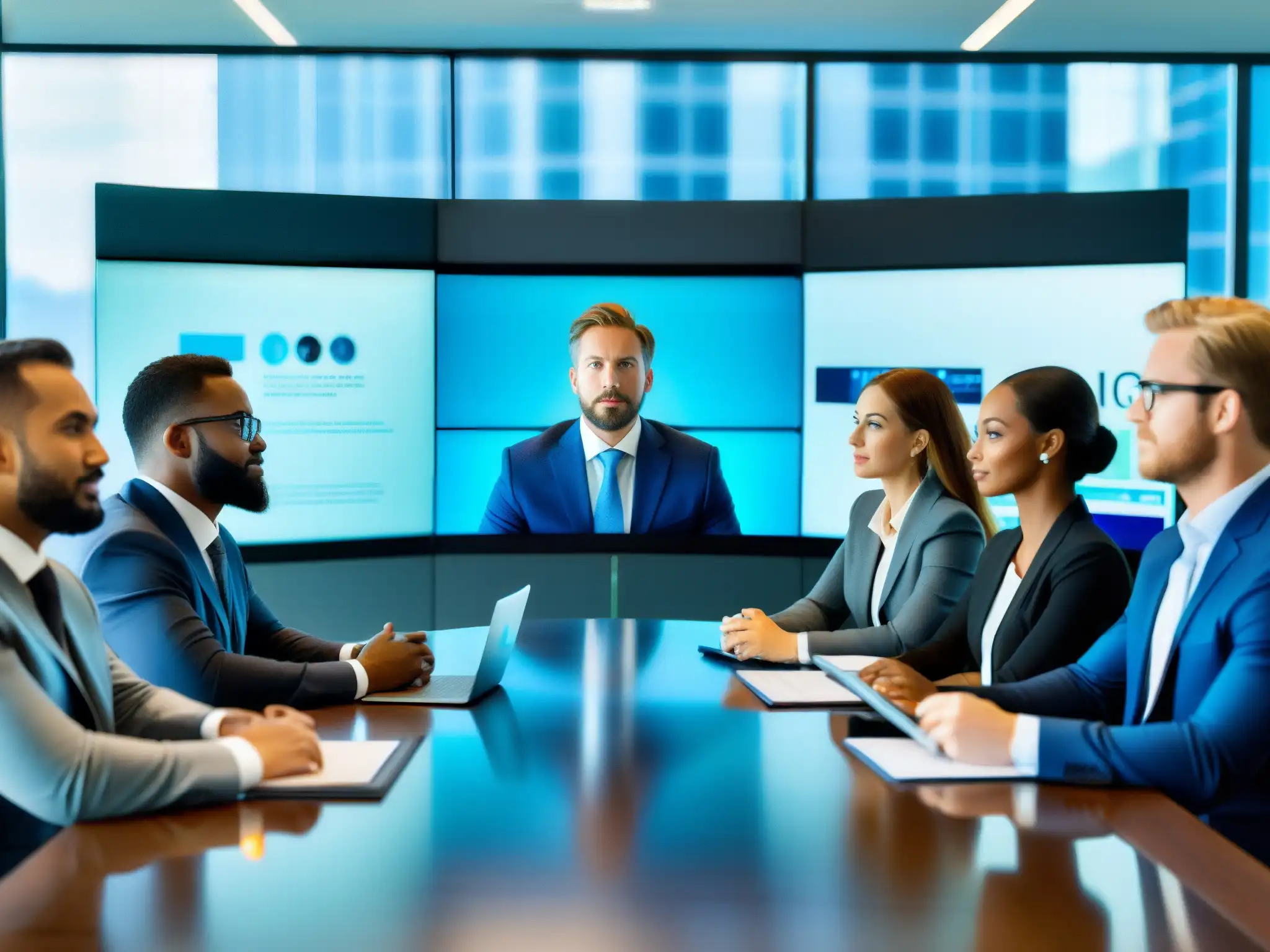 Reunión virtual sobre gestión de identidad Profesionales en videoconferencia debatiendo sobre mejores prácticas de gestión de identidades en un entorno tecnológico moderno y elegante