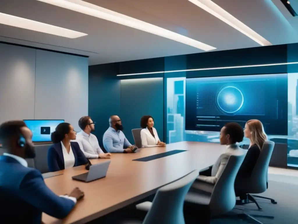 Profesionales en videoconferencia segura y moderna Profesionales en videoconferencia, discutiendo mejores prácticas ciberseguridad con expresiones enfocadas en sala moderna con tecnología de vanguardia